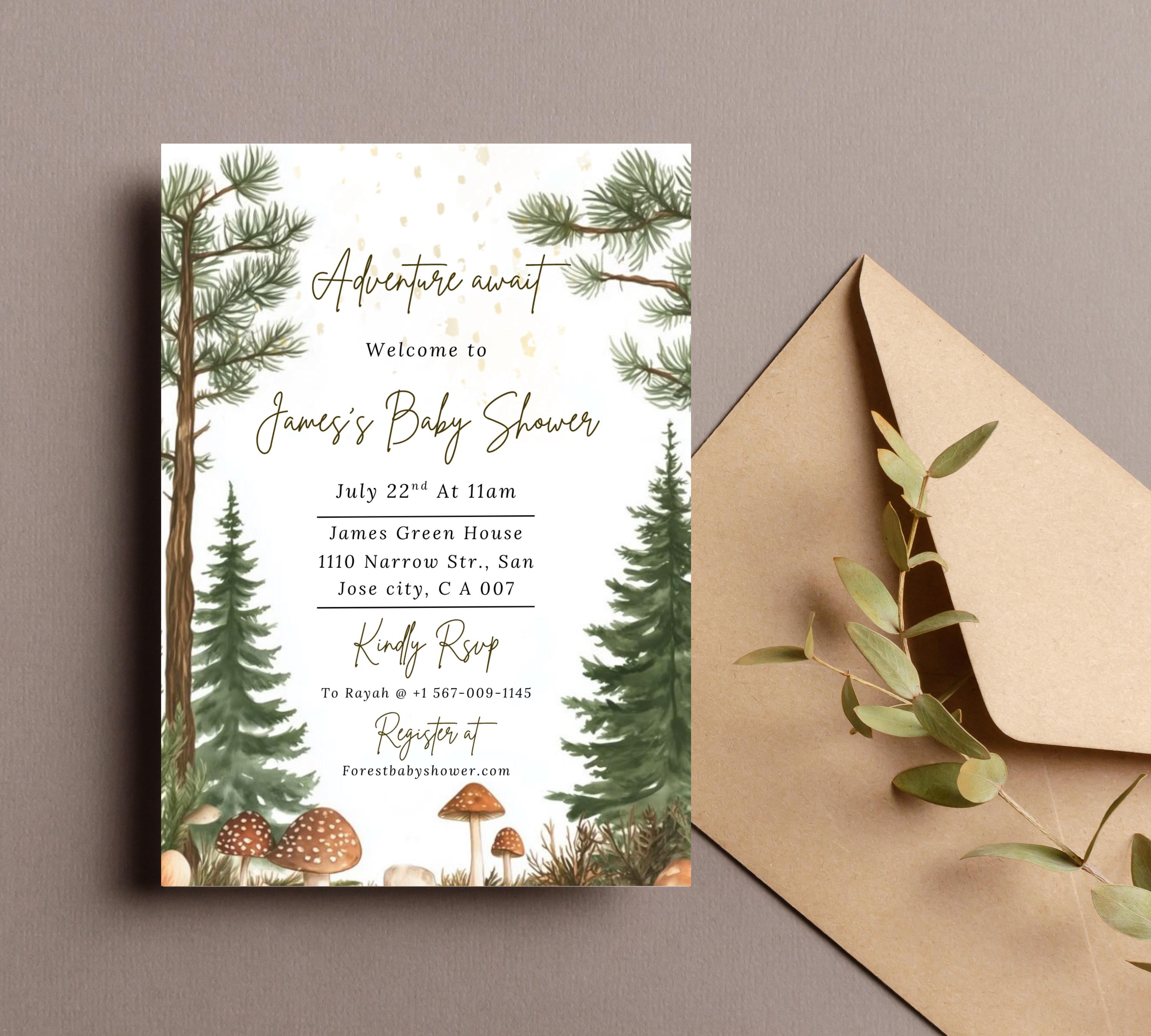 Editable Forest Baby Shower invitation, Neutral Baby Shower Invite, Forest Mountain Baby Shower Invite, Greenery Forest Animals Invite