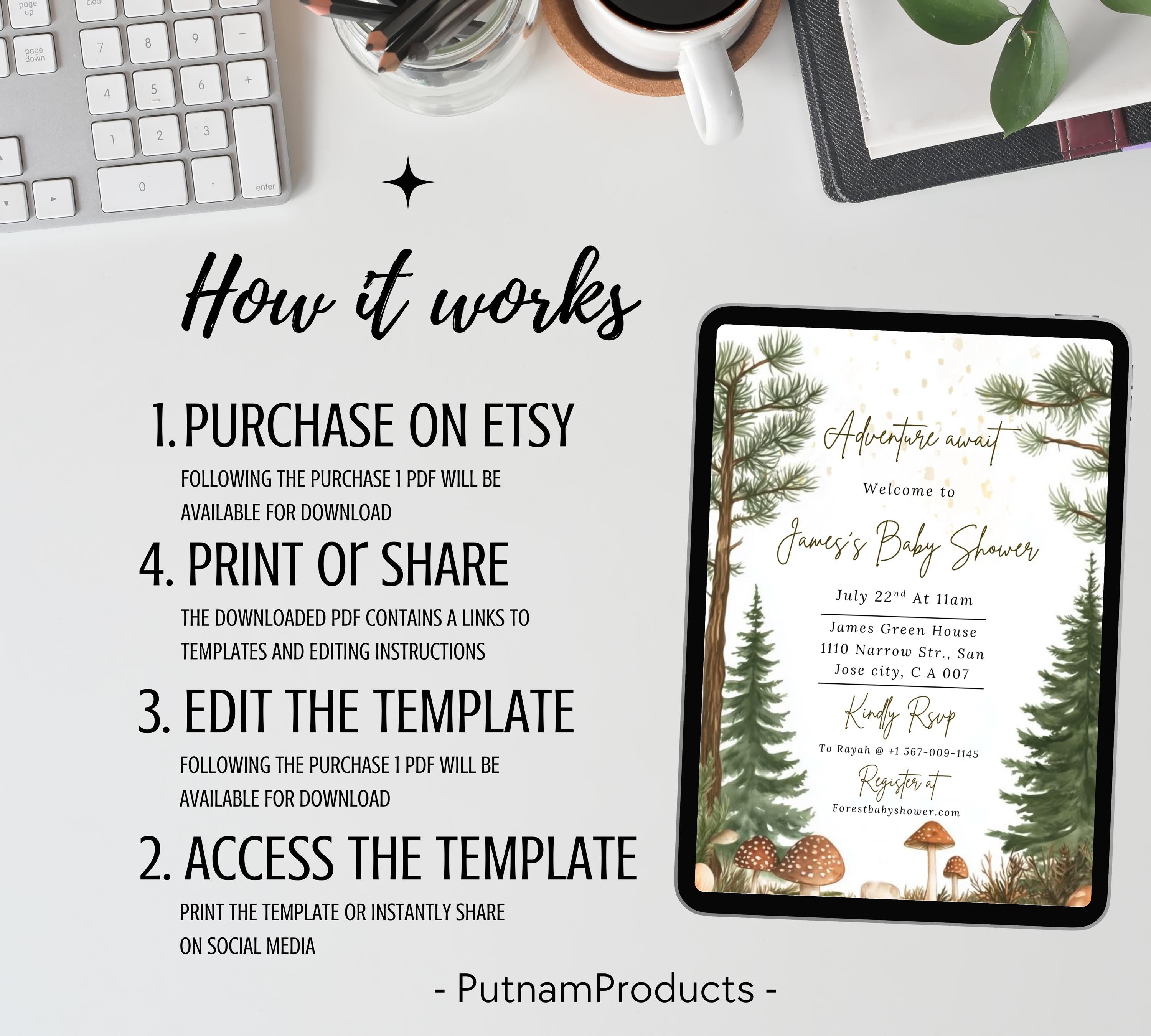 Editable Forest Baby Shower invitation, Neutral Baby Shower Invite, Forest Mountain Baby Shower Invite, Greenery Forest Animals Invite