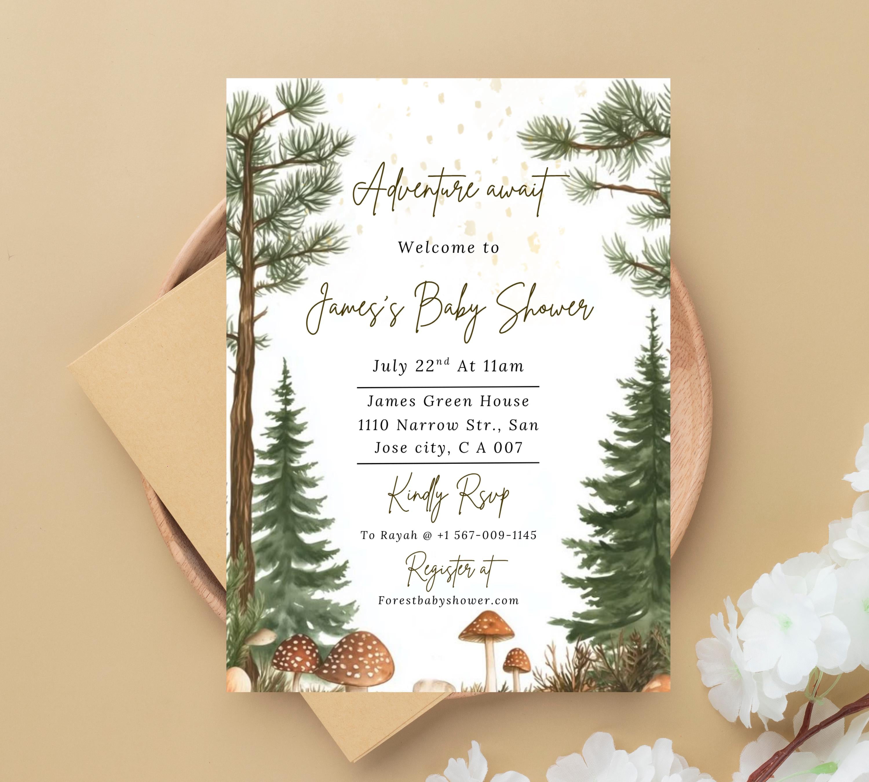 Editable Forest Baby Shower invitation, Neutral Baby Shower Invite, Forest Mountain Baby Shower Invite, Greenery Forest Animals Invite