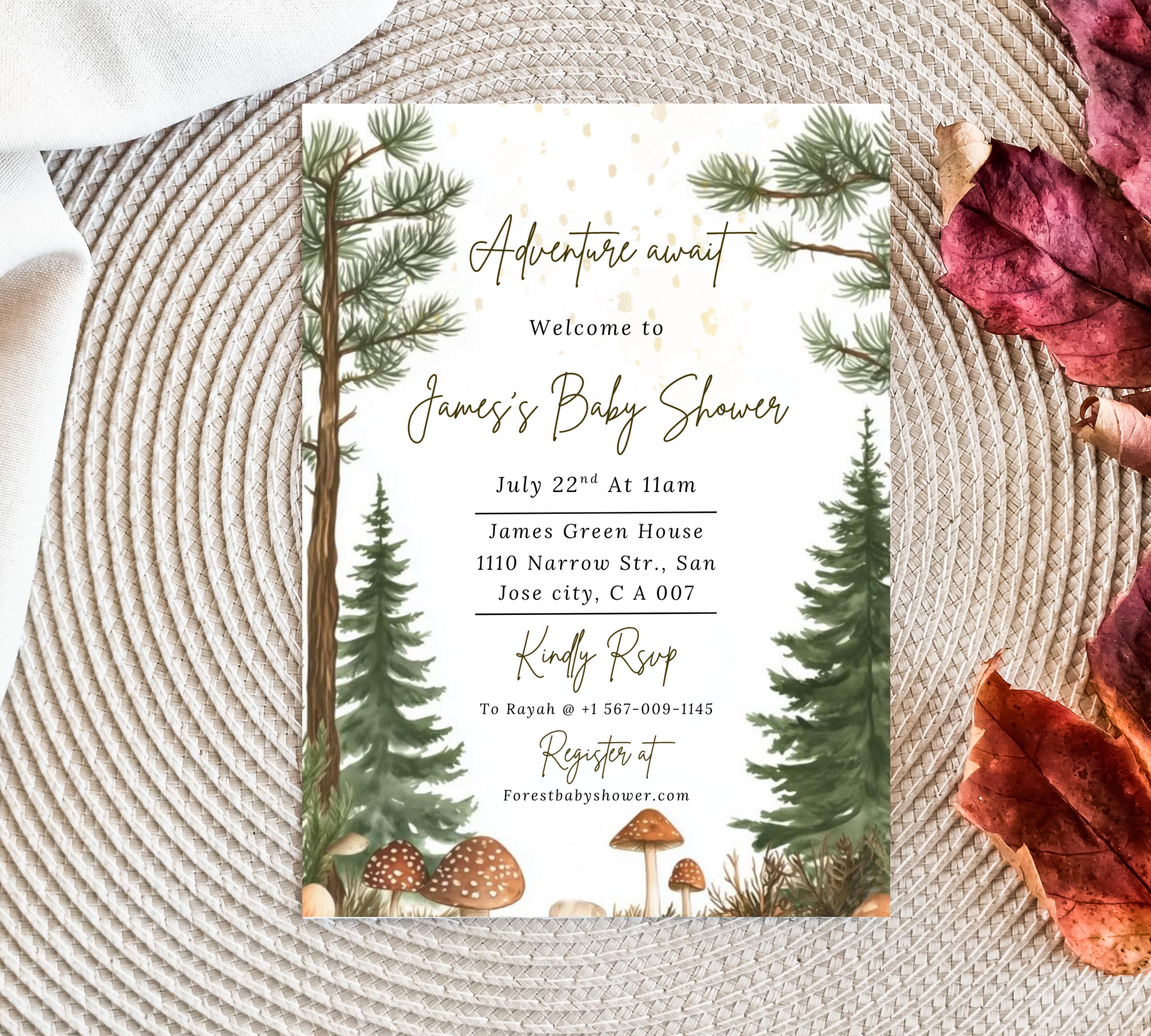 Editable Forest Baby Shower invitation, Neutral Baby Shower Invite, Forest Mountain Baby Shower Invite, Greenery Forest Animals Invite