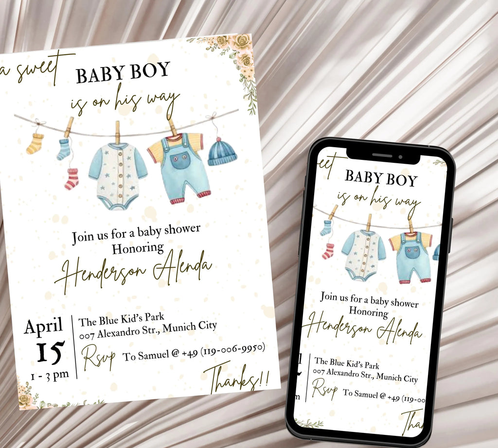 Boy Baby Shower invitation, Boy Baby Clothes Shower Invite, Boho Baby Shower Invitation, Baby Clothes Shower, Editable Template