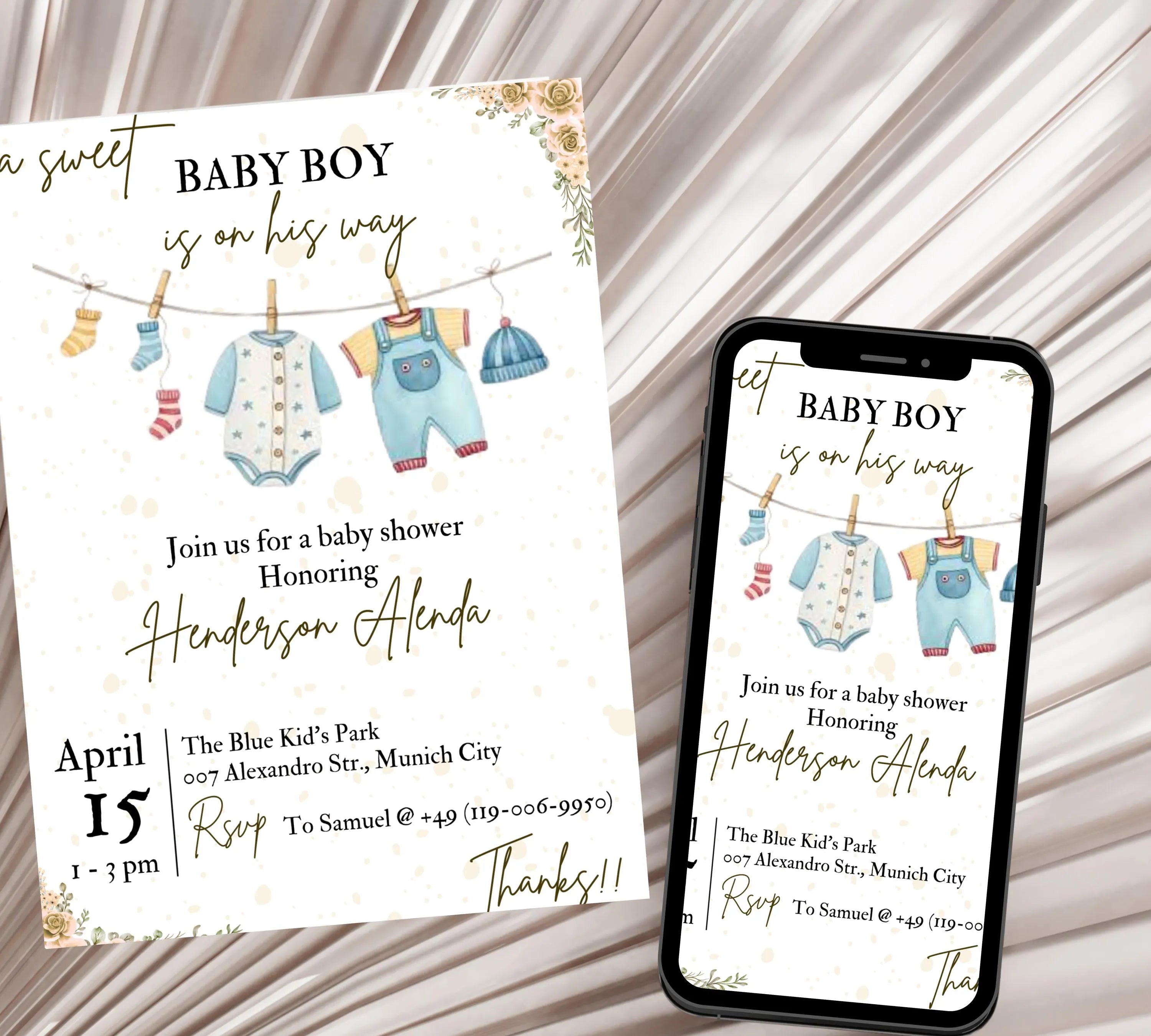 Boy Baby Shower invitation, Boy Baby Clothes Shower Invite, Boho Baby Shower Invitation, Baby Clothes Shower, Editable Template