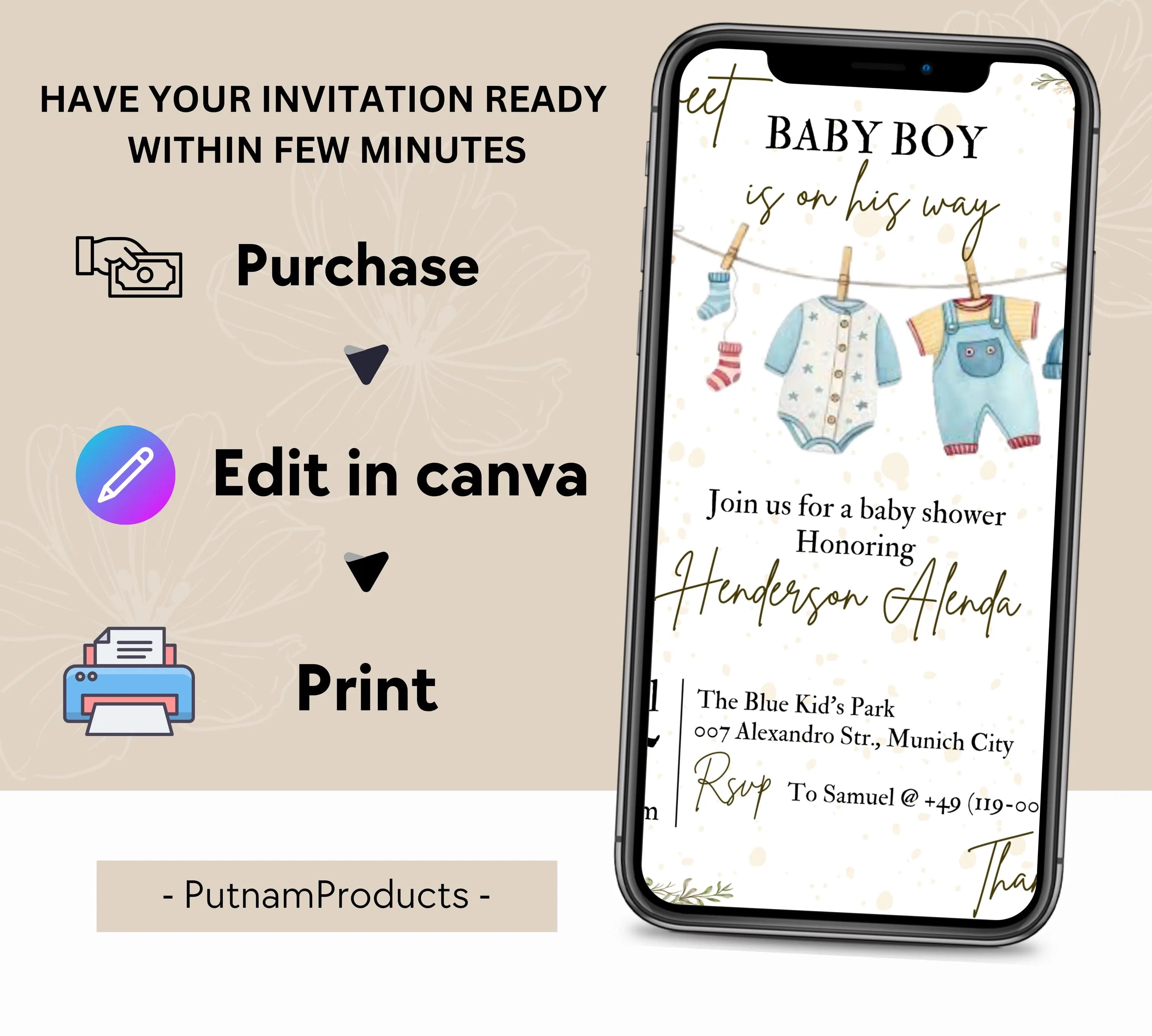 Boy Baby Shower invitation, Boy Baby Clothes Shower Invite, Boho Baby Shower Invitation, Baby Clothes Shower, Editable Template