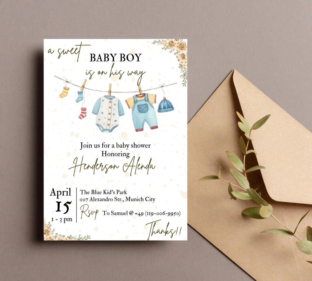 Boy Baby Shower invitation, Boy Baby Clothes Shower Invite, Boho Baby Shower Invitation, Baby Clothes Shower, Editable Template