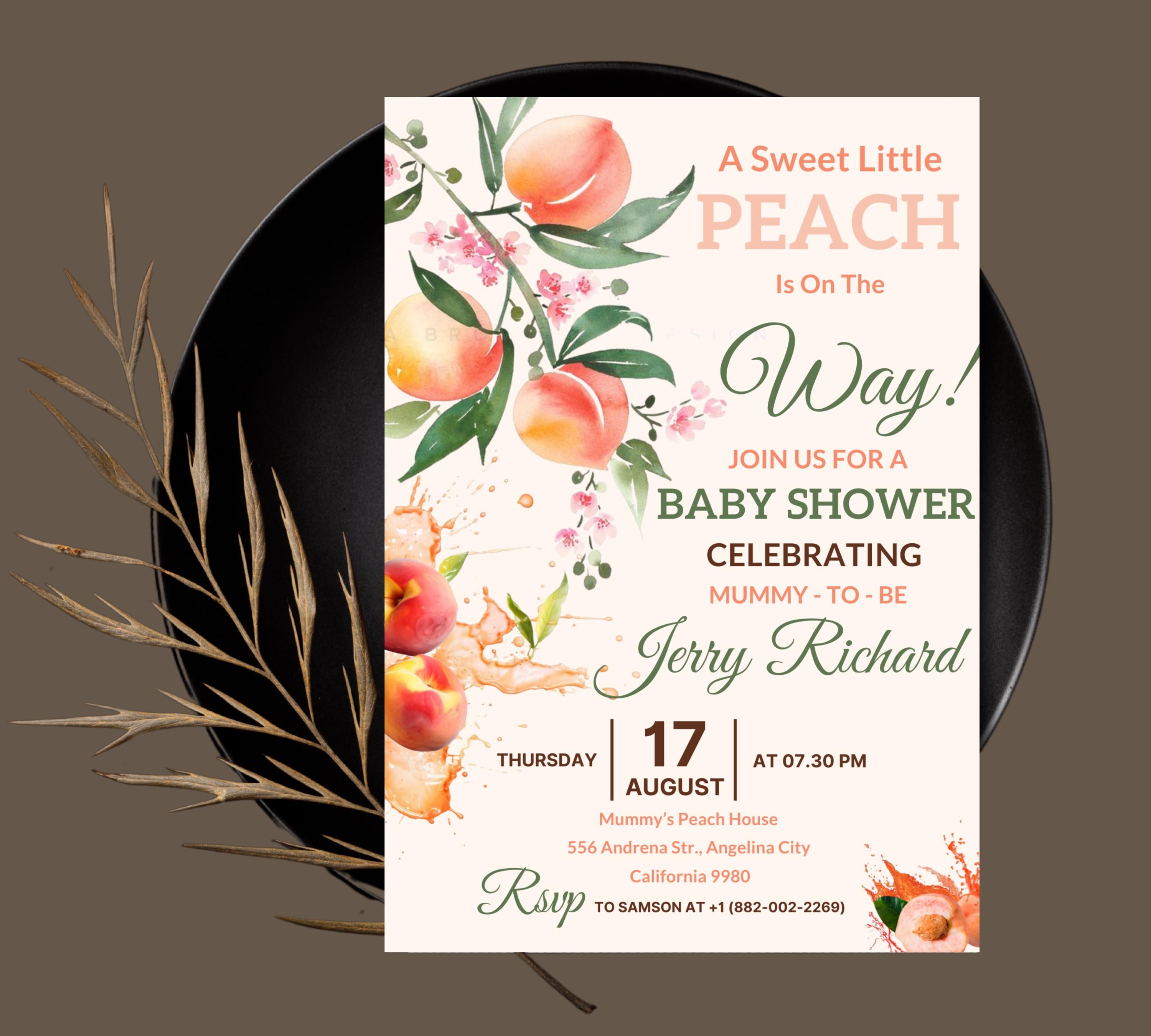 Peach Baby Shower invitation, Sweet Peach Baby Shower, Fruit Baby, Sweet Little Peach Baby Shower Invitation, Little Peach Baby Shower Invit