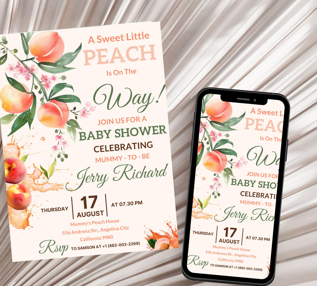 Peach Baby Shower invitation, Sweet Peach Baby Shower, Fruit Baby, Sweet Little Peach Baby Shower Invitation, Little Peach Baby Shower Invit