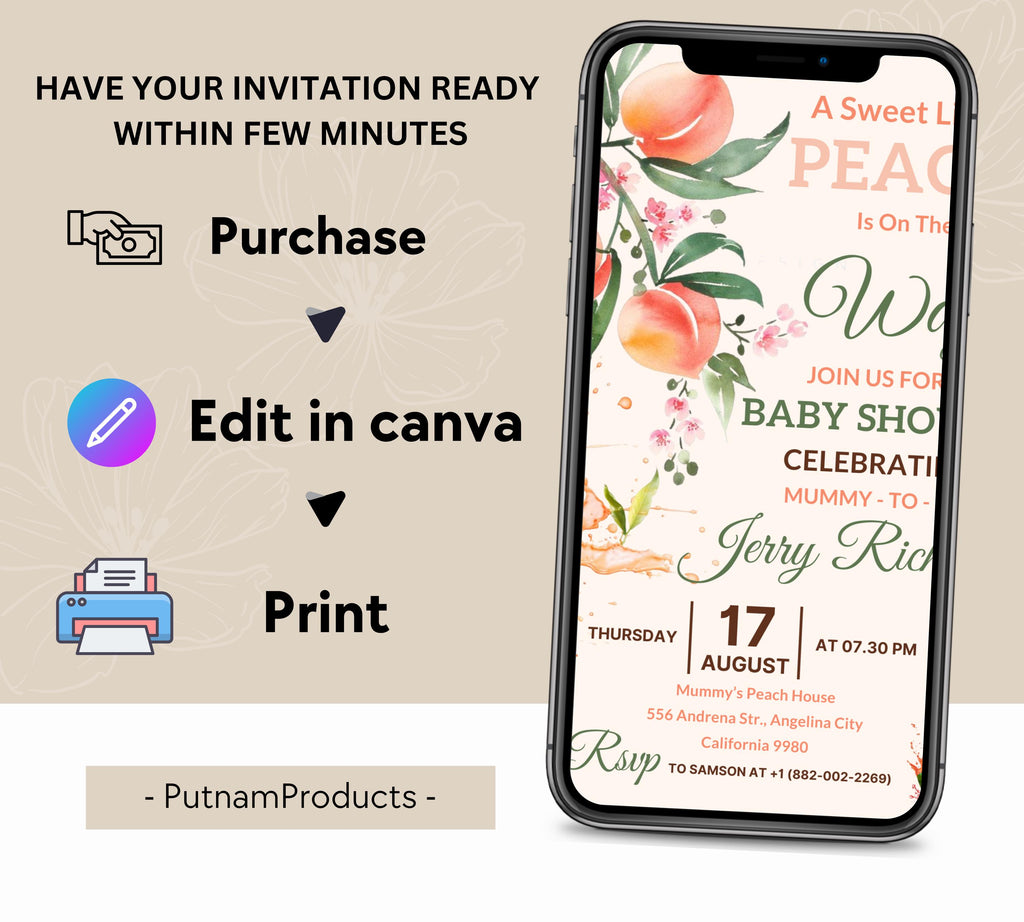 Peach Baby Shower invitation, Sweet Peach Baby Shower, Fruit Baby, Sweet Little Peach Baby Shower Invitation, Little Peach Baby Shower Invit