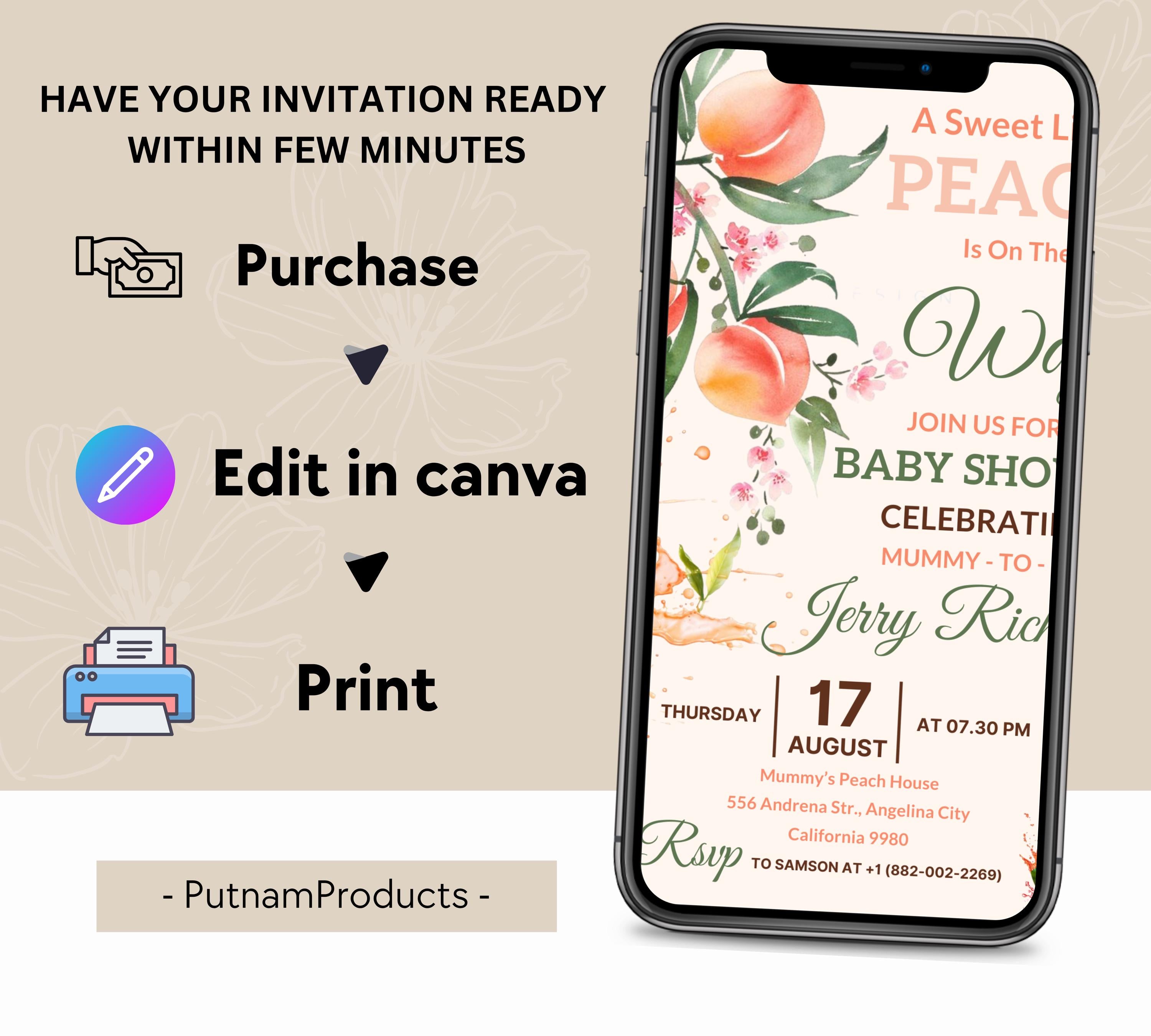 Peach Baby Shower invitation, Sweet Peach Baby Shower, Fruit Baby, Sweet Little Peach Baby Shower Invitation, Little Peach Baby Shower Invit