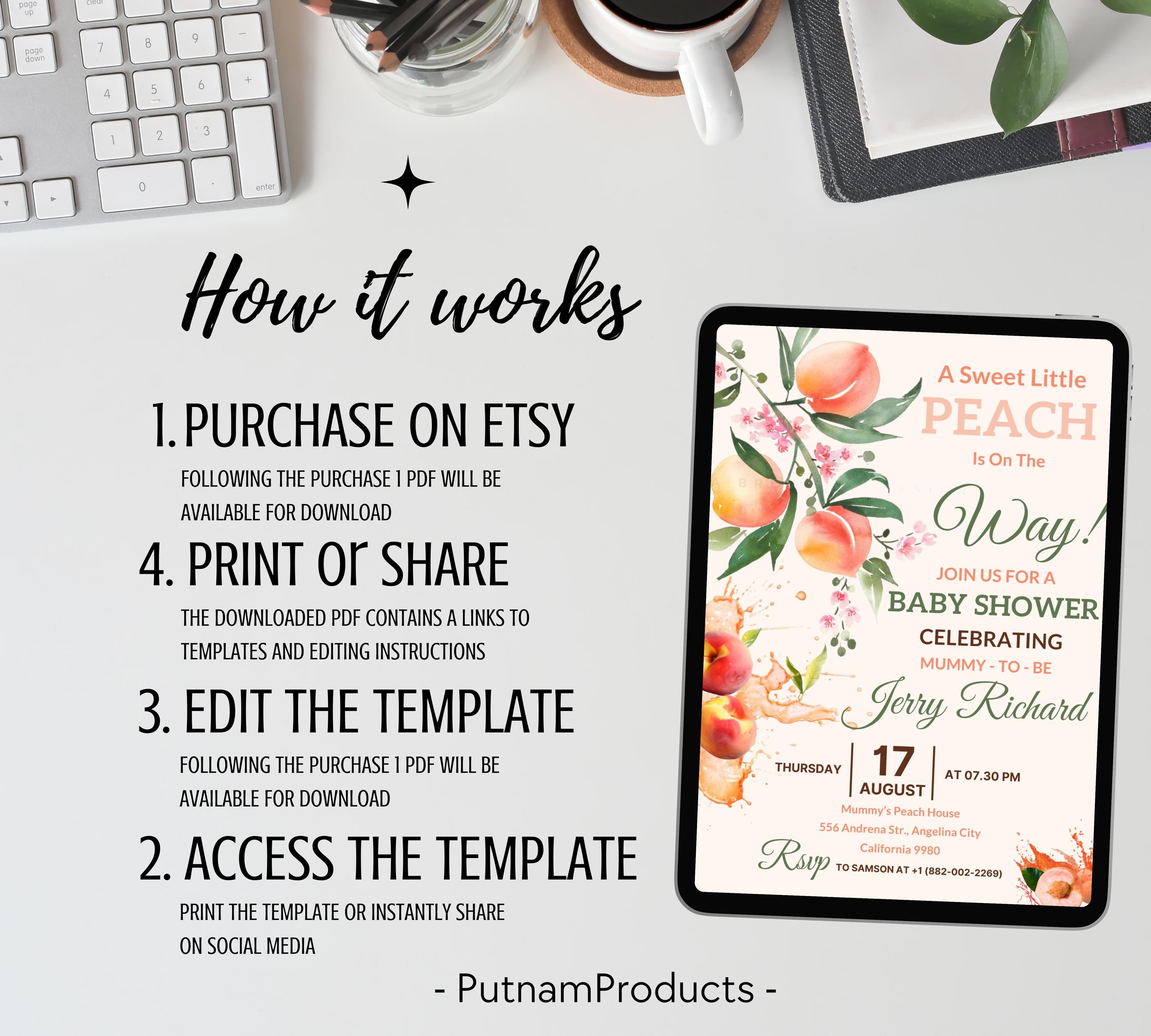 Peach Baby Shower invitation, Sweet Peach Baby Shower, Fruit Baby, Sweet Little Peach Baby Shower Invitation, Little Peach Baby Shower Invit