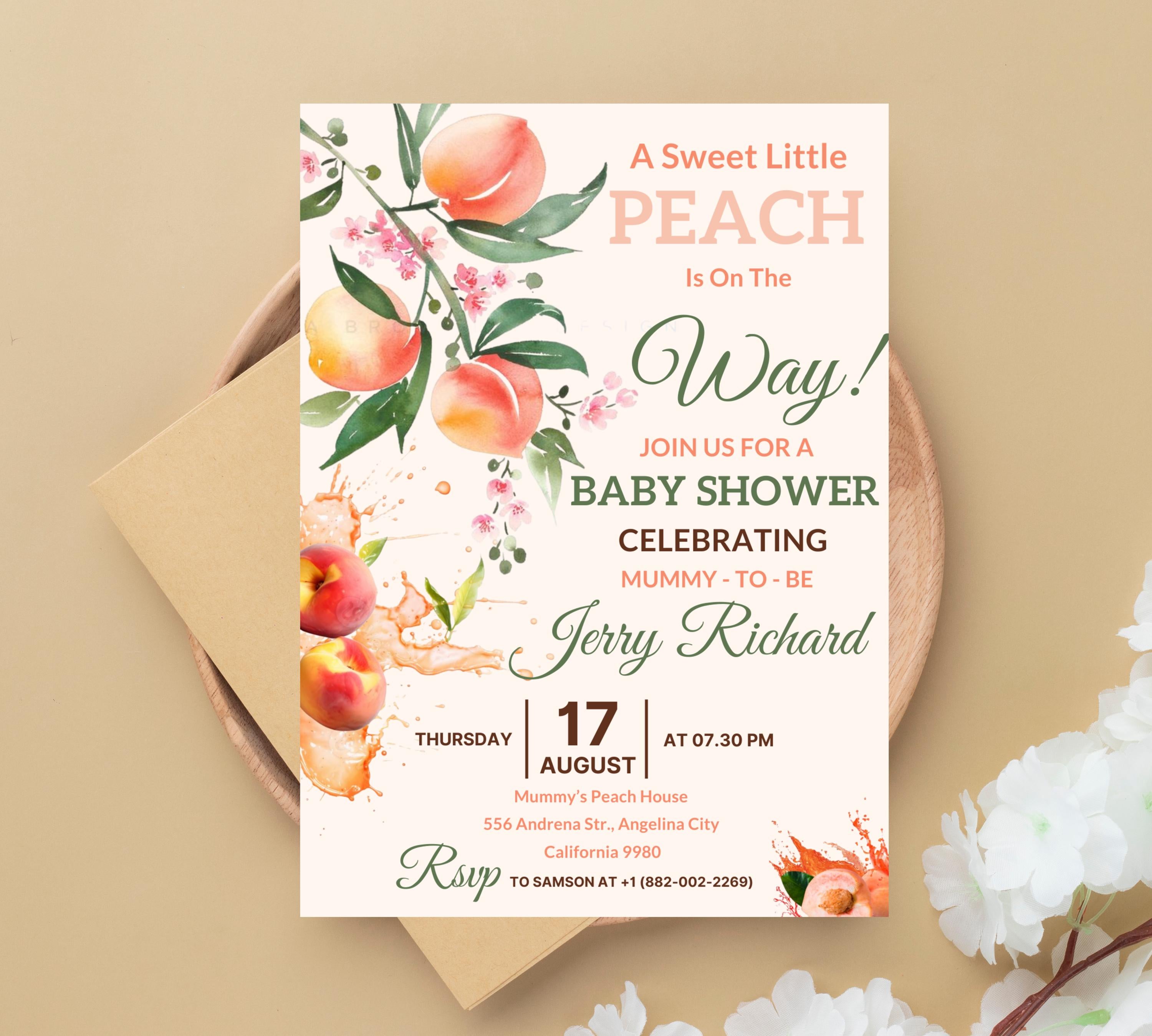 Peach Baby Shower invitation, Sweet Peach Baby Shower, Fruit Baby, Sweet Little Peach Baby Shower Invitation, Little Peach Baby Shower Invit