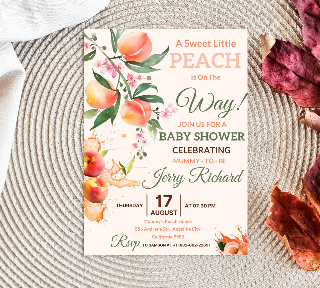 Peach Baby Shower invitation, Sweet Peach Baby Shower, Fruit Baby, Sweet Little Peach Baby Shower Invitation, Little Peach Baby Shower Invit