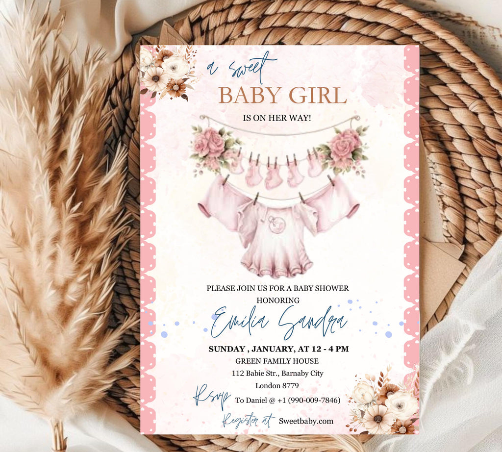 Boho Girl Clothesline Baby Shower invitation, Watercolor Blush Pink Baby Clothes, Girl Baby Shower Invite, Editable Baby Shower Floral