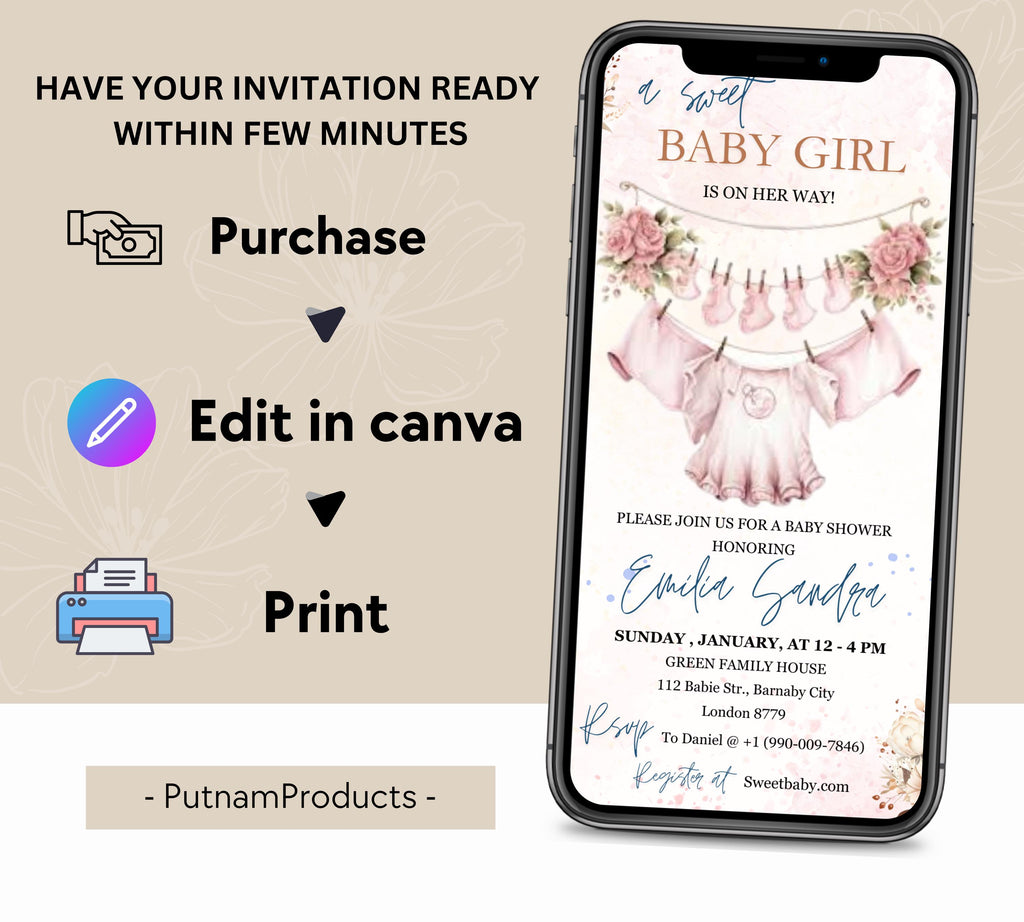 Boho Girl Clothesline Baby Shower invitation, Watercolor Blush Pink Baby Clothes, Girl Baby Shower Invite, Editable Baby Shower Floral