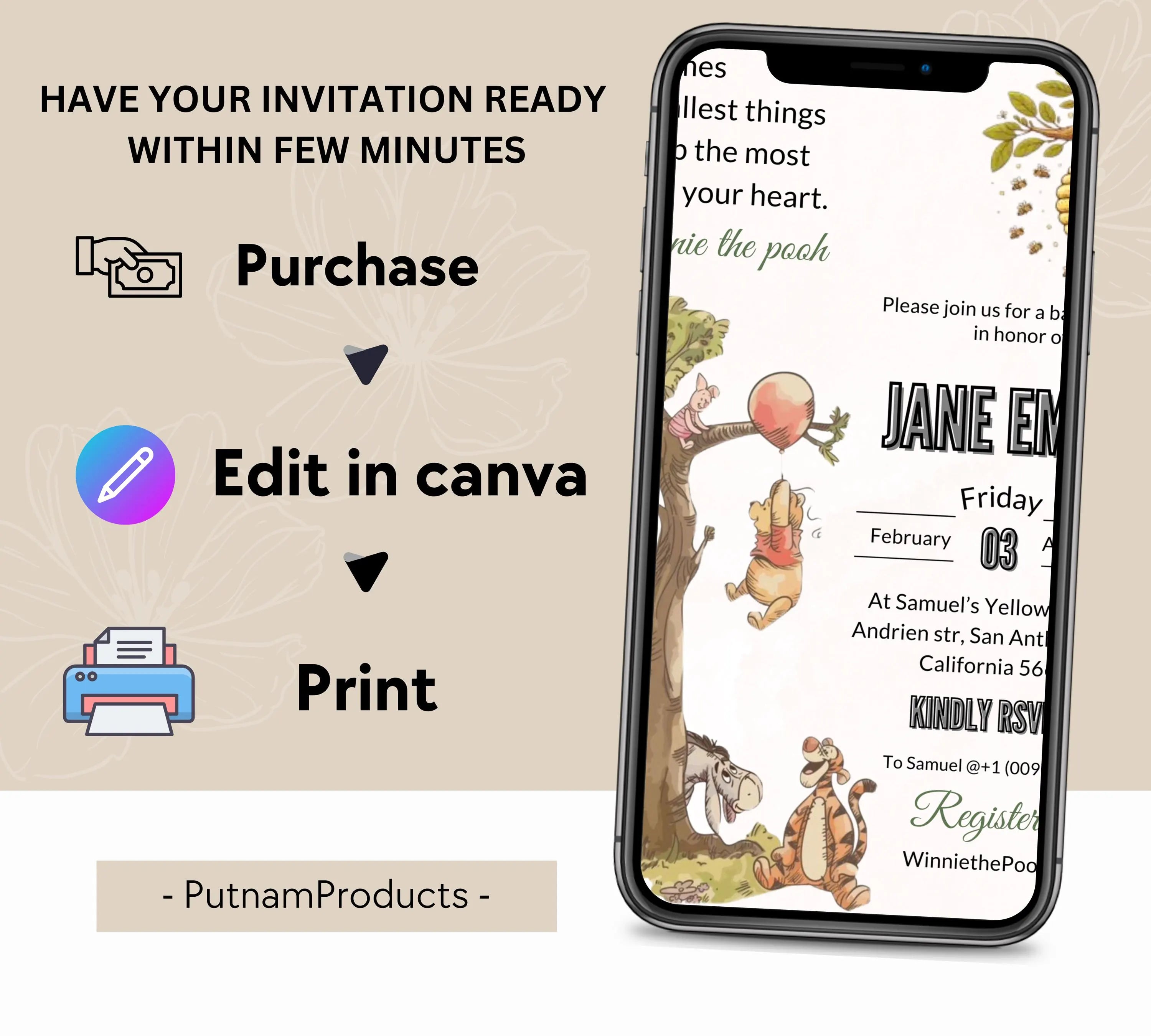 Editable Classic Winnie the Pooh baby shower invitations, Winnie the Pooh Baby Baby Shower, Edit Vintage Pooh Bear Party Decorations