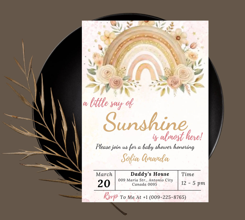 A Little Ray of Sunshine Boho Rainbow Baby Shower invitation, Sunshine Boho Baby Shower Invitation, Little Sunshine Baby Shower Invite