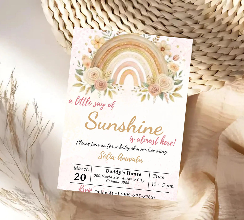 A Little Ray of Sunshine Boho Rainbow Baby Shower invitation, Sunshine Boho Baby Shower Invitation, Little Sunshine Baby Shower Invite