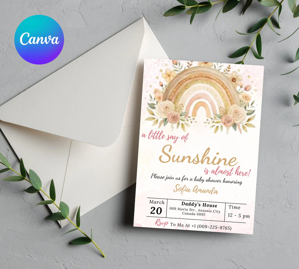A Little Ray of Sunshine Boho Rainbow Baby Shower invitation, Sunshine Boho Baby Shower Invitation, Little Sunshine Baby Shower Invite