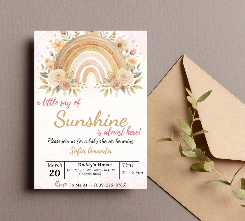 A Little Ray of Sunshine Boho Rainbow Baby Shower invitation, Sunshine Boho Baby Shower Invitation, Little Sunshine Baby Shower Invite