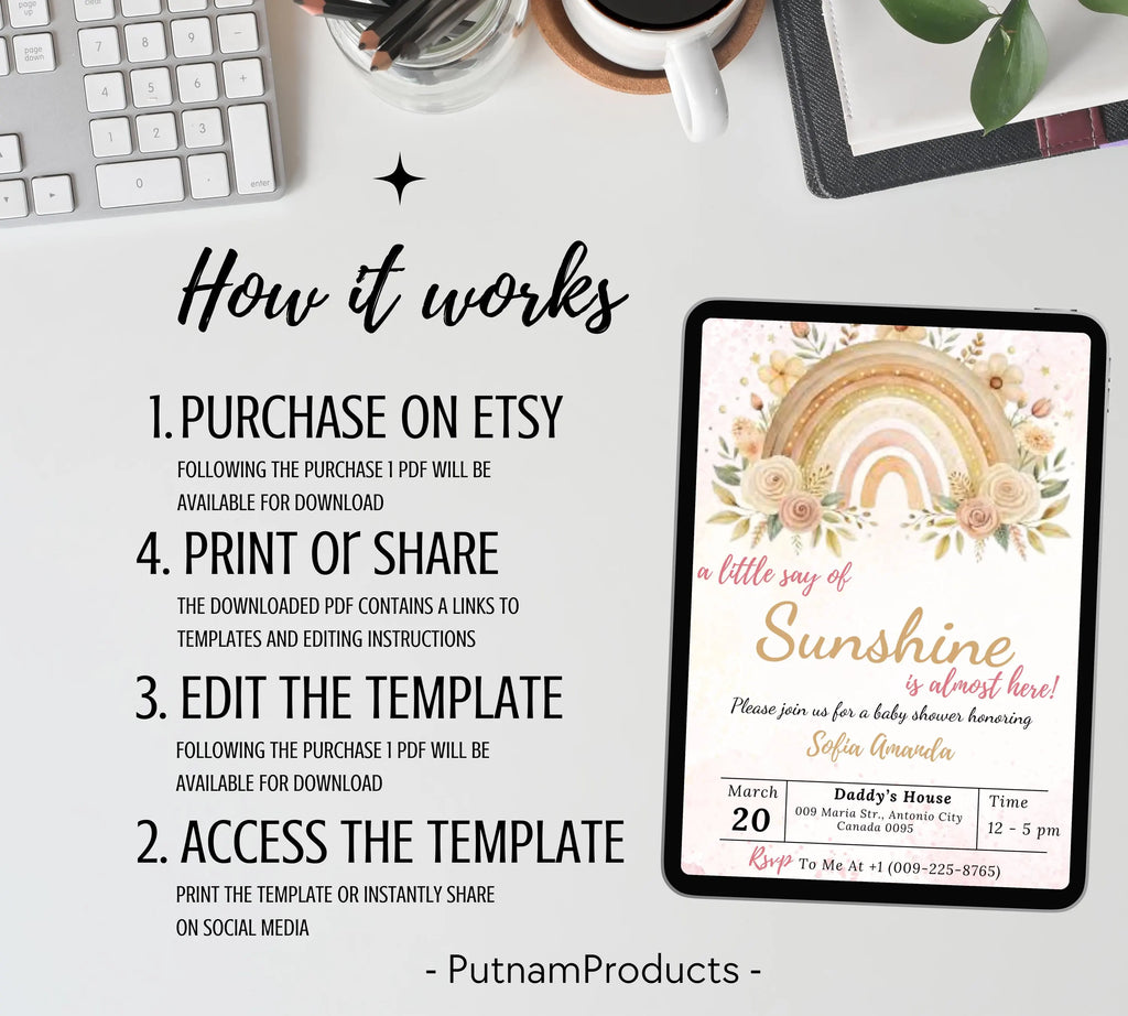 A Little Ray of Sunshine Boho Rainbow Baby Shower invitation, Sunshine Boho Baby Shower Invitation, Little Sunshine Baby Shower Invite