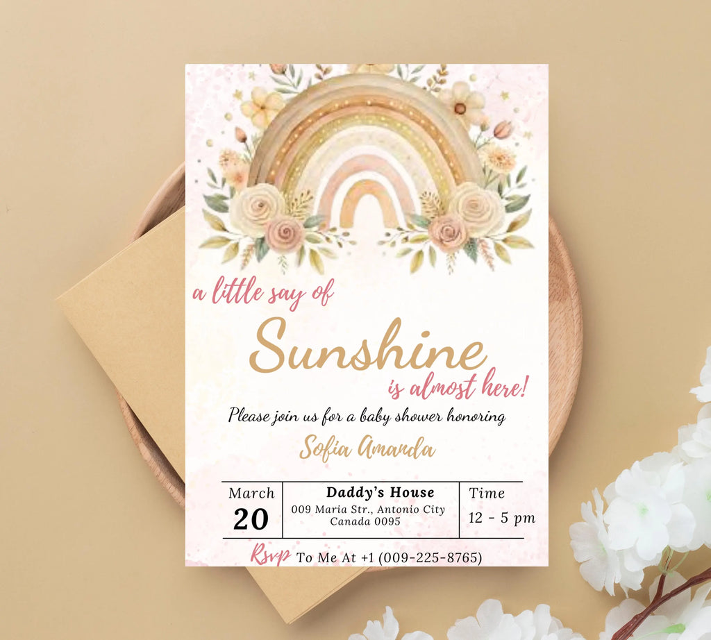A Little Ray of Sunshine Boho Rainbow Baby Shower invitation, Sunshine Boho Baby Shower Invitation, Little Sunshine Baby Shower Invite