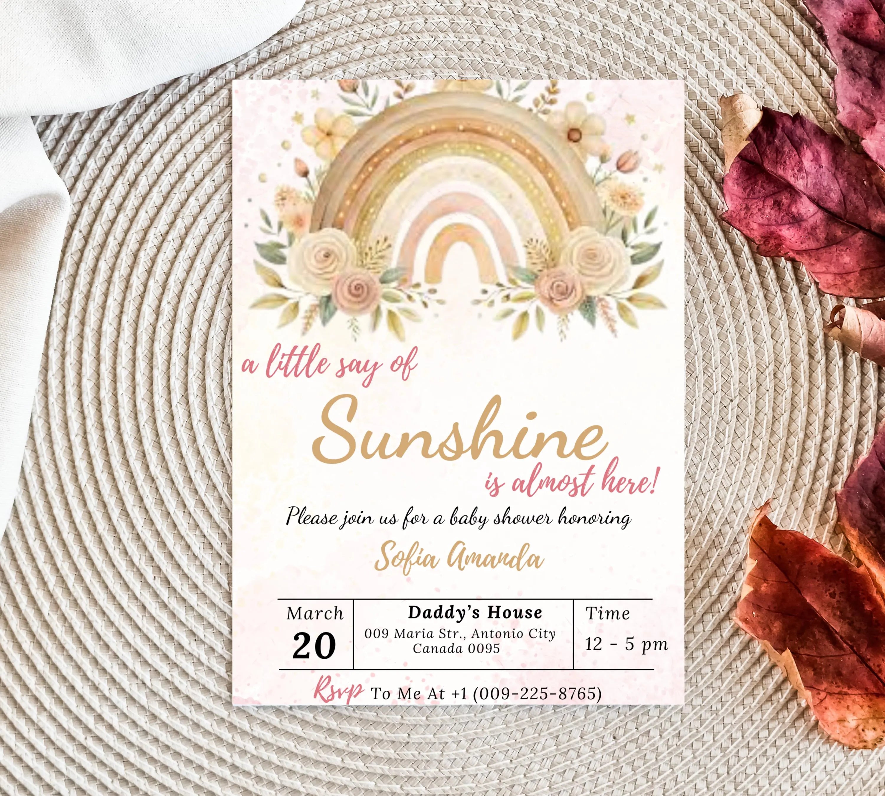 A Little Ray of Sunshine Boho Rainbow Baby Shower invitation, Sunshine Boho Baby Shower Invitation, Little Sunshine Baby Shower Invite