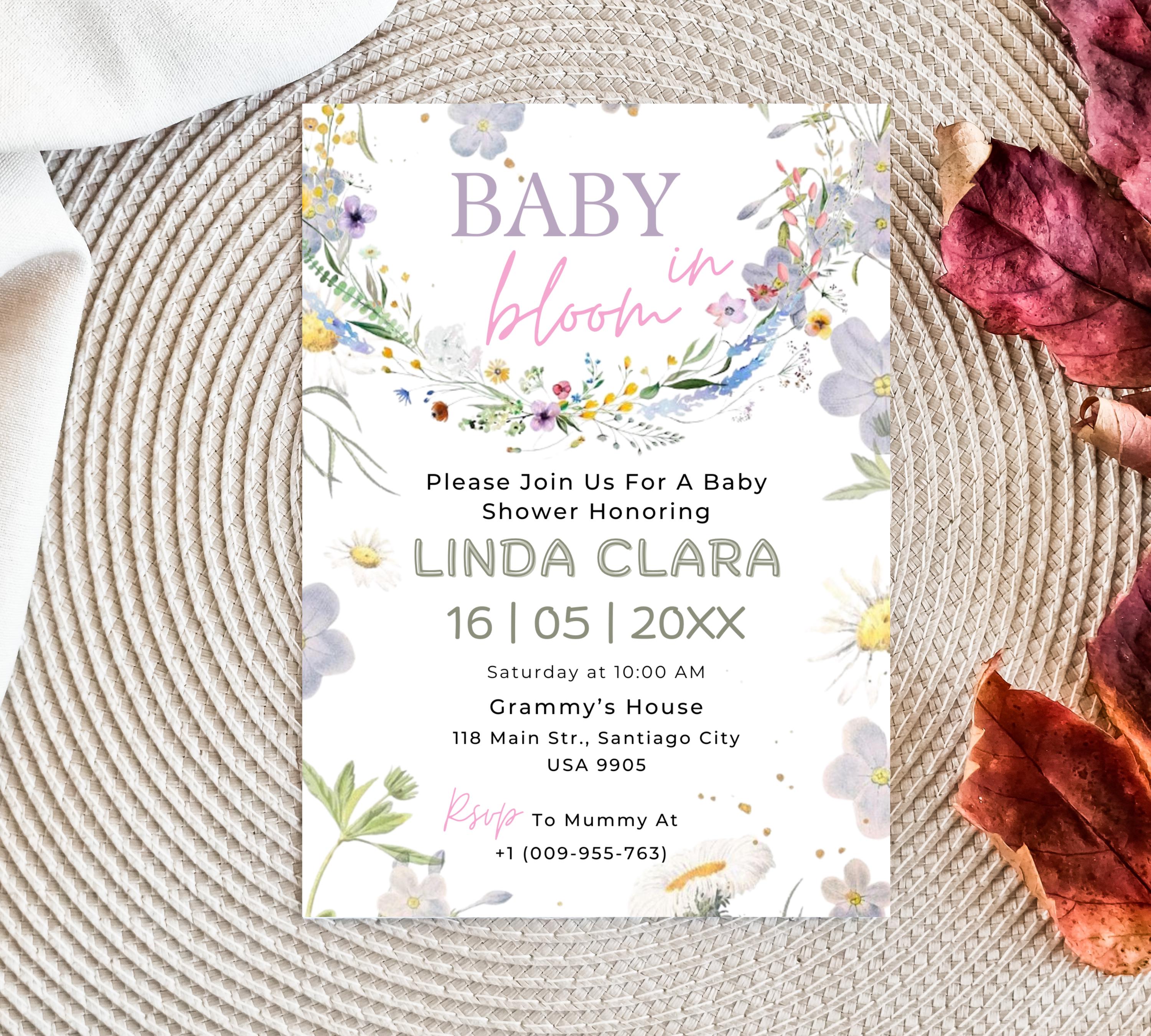 Editable Baby in Bloom Mobile Invitation, Wildflower Baby Shower Electronic Invite, Baby in Bloom Digital Invite, Floral Invite