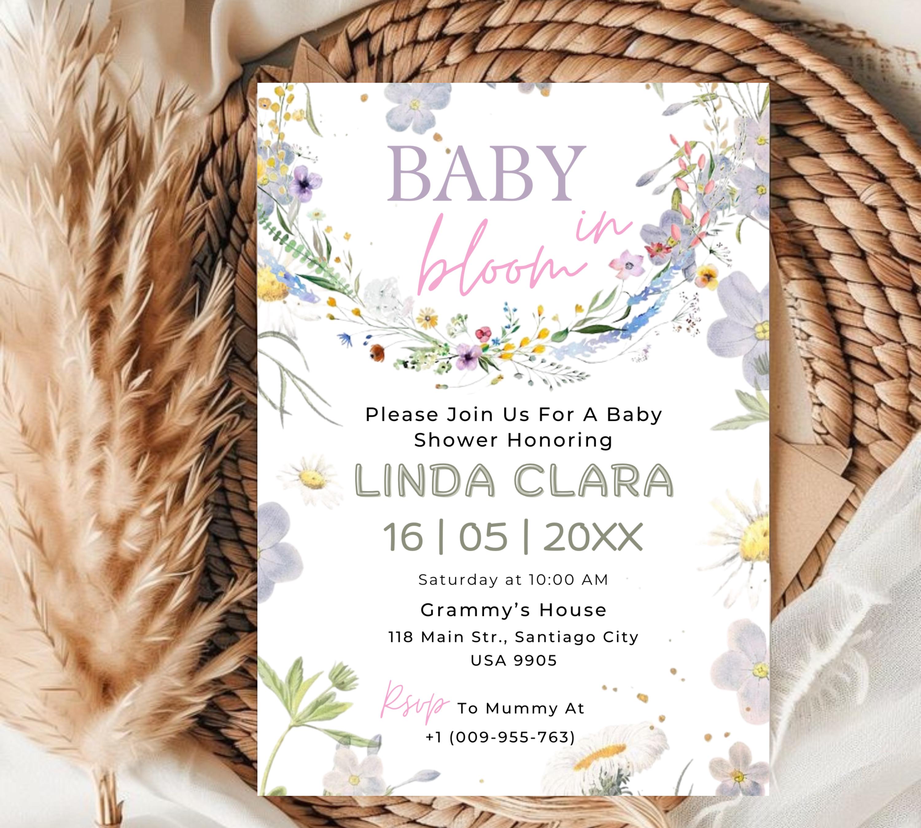 Editable Baby in Bloom Mobile Invitation, Wildflower Baby Shower Electronic Invite, Baby in Bloom Digital Invite, Floral Invite