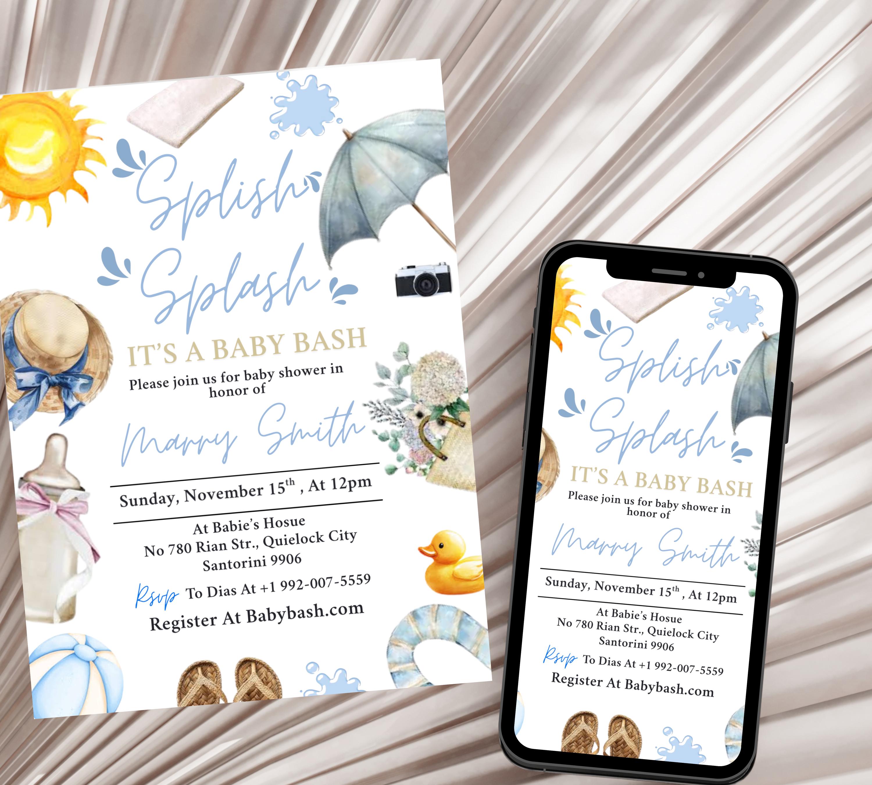 Editable Splish Splash Baby Shower invitation, Blue Beach Summer girl Baby Shower Invite, Tropical Summer girl Blue Pool Surf Beach
