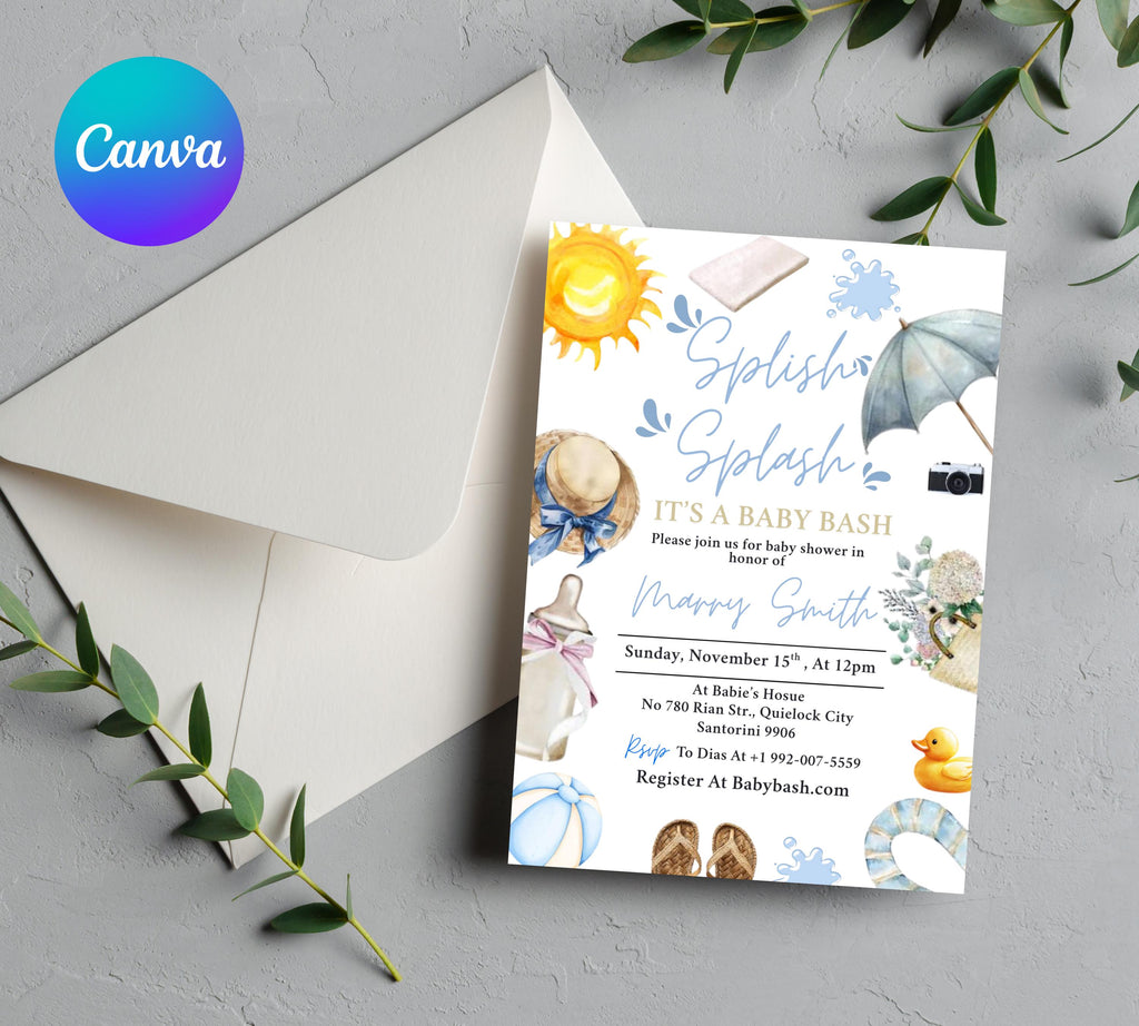 Editable Splish Splash Baby Shower invitation, Blue Beach Summer girl Baby Shower Invite, Tropical Summer girl Blue Pool Surf Beach