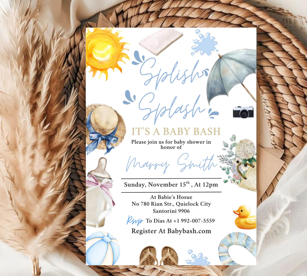 Editable Splish Splash Baby Shower invitation, Blue Beach Summer girl Baby Shower Invite, Tropical Summer girl Blue Pool Surf Beach