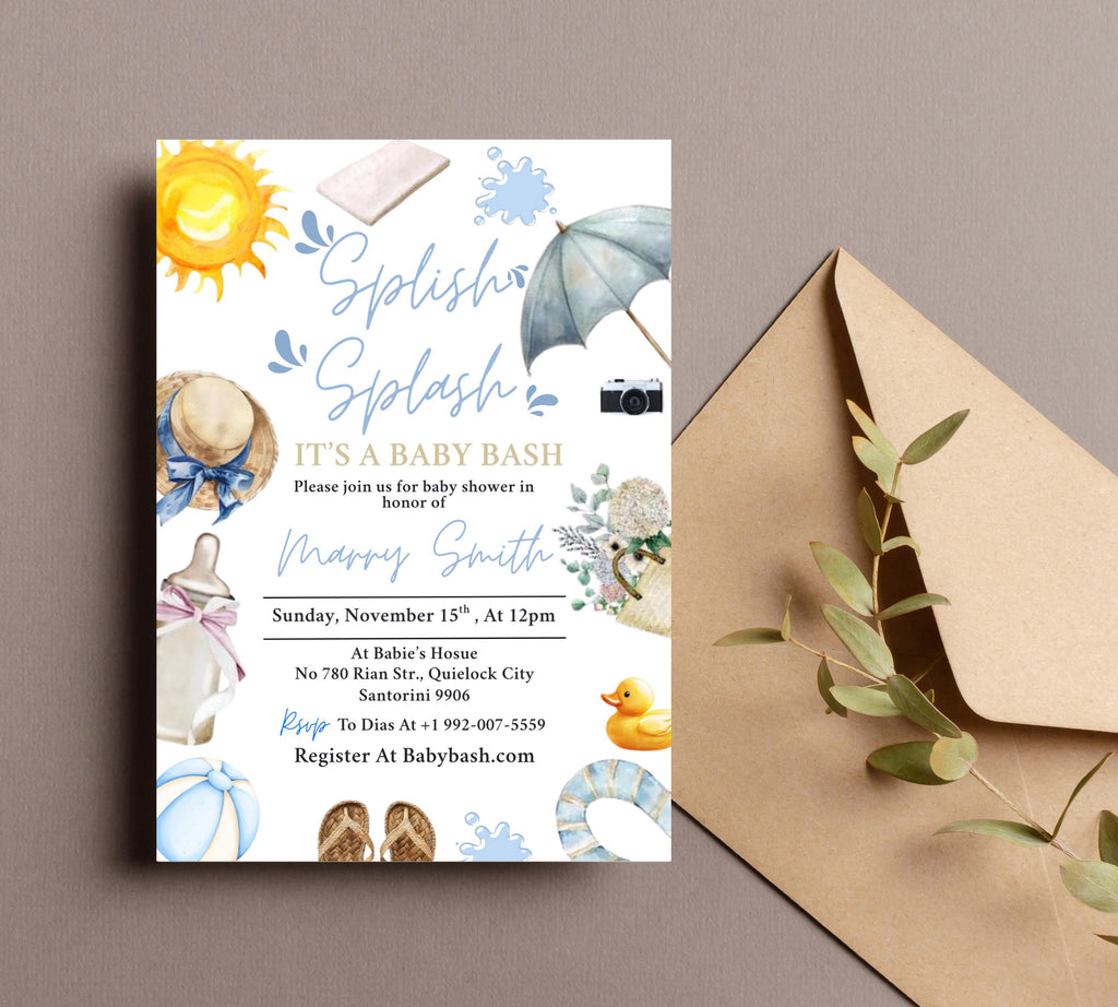 Editable Splish Splash Baby Shower invitation, Blue Beach Summer girl Baby Shower Invite, Tropical Summer girl Blue Pool Surf Beach