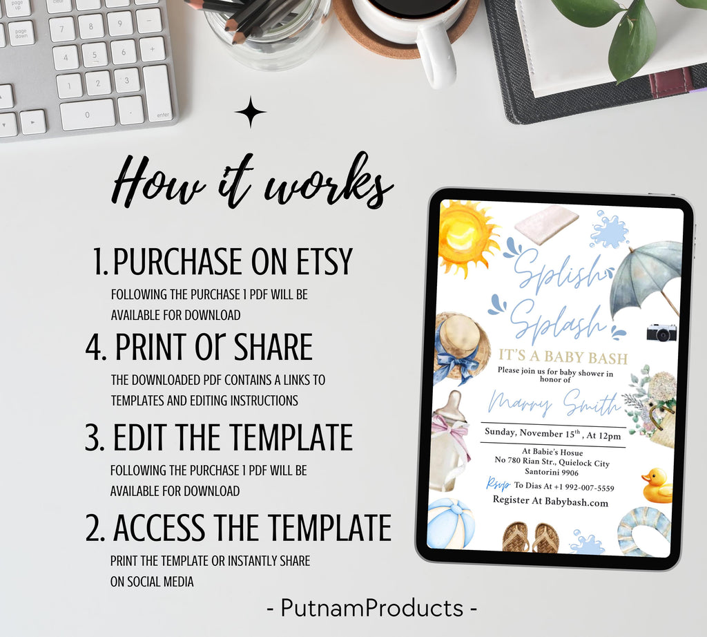 Editable Splish Splash Baby Shower invitation, Blue Beach Summer girl Baby Shower Invite, Tropical Summer girl Blue Pool Surf Beach