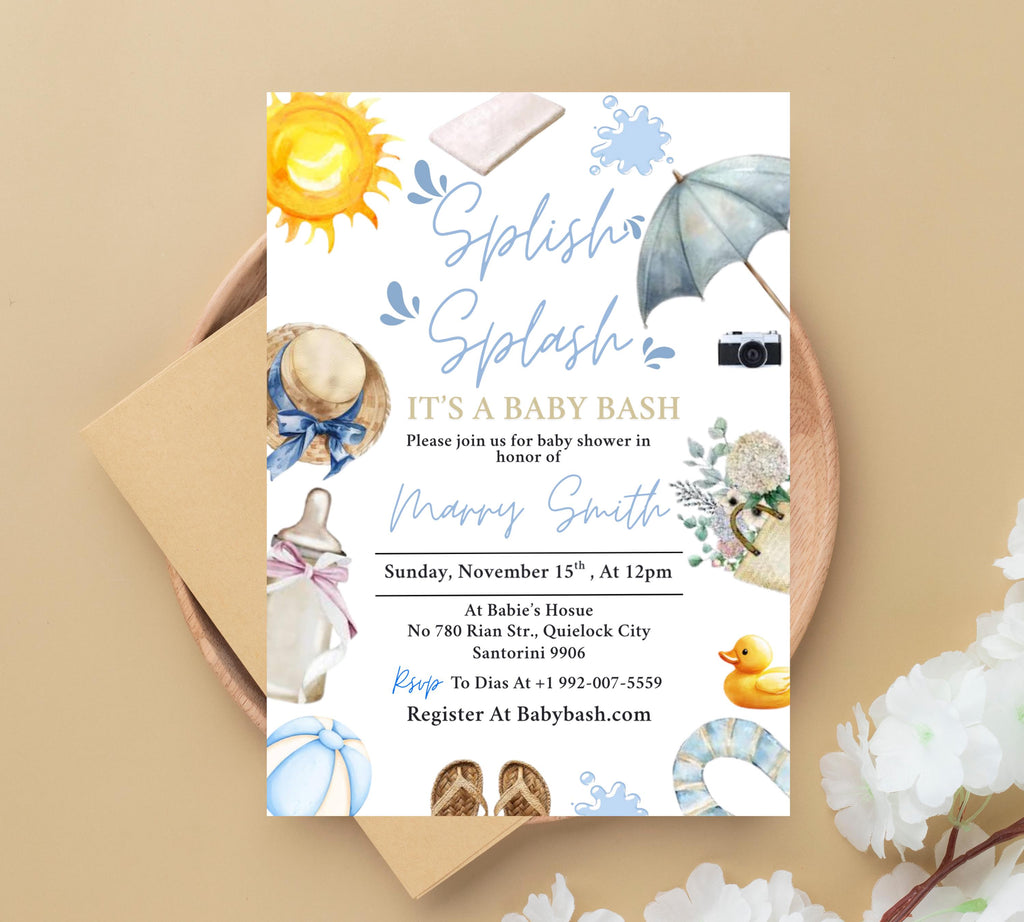 Editable Splish Splash Baby Shower invitation, Blue Beach Summer girl Baby Shower Invite, Tropical Summer girl Blue Pool Surf Beach