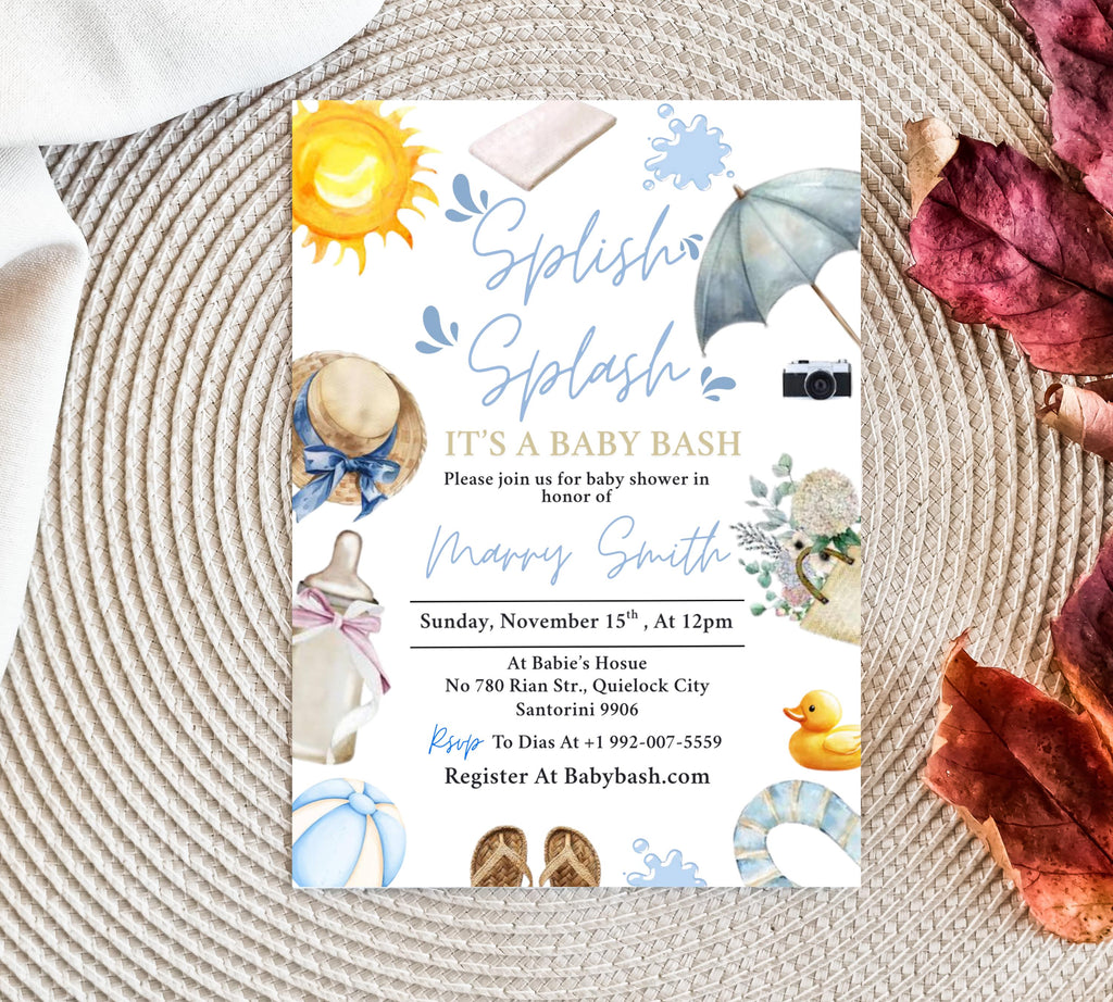 Editable Splish Splash Baby Shower invitation, Blue Beach Summer girl Baby Shower Invite, Tropical Summer girl Blue Pool Surf Beach