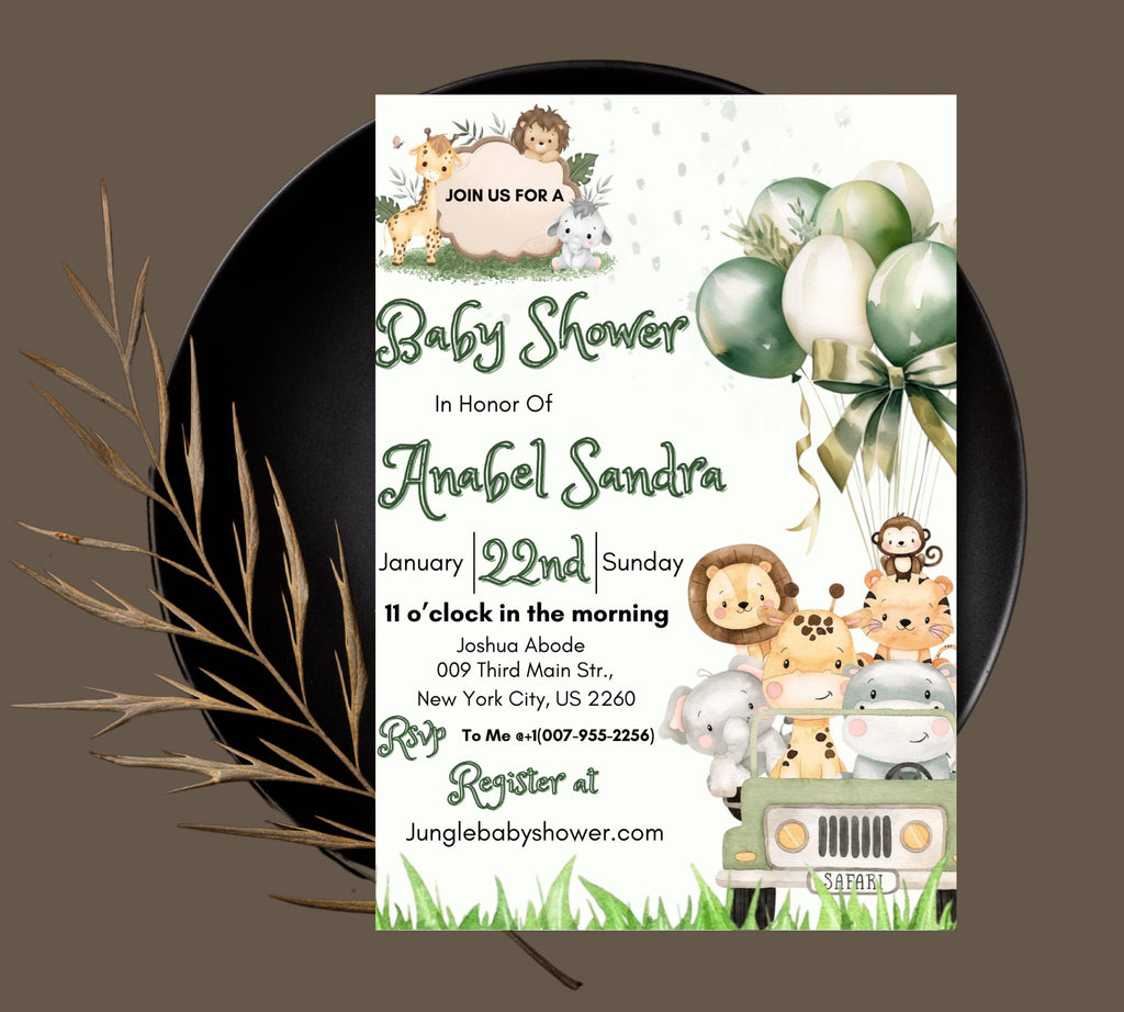 Jungle Baby Shower Invitation, Editable Safari Animals Invite, Gender Neutral Safari Invite Template, Jungle Animals Safari Truck