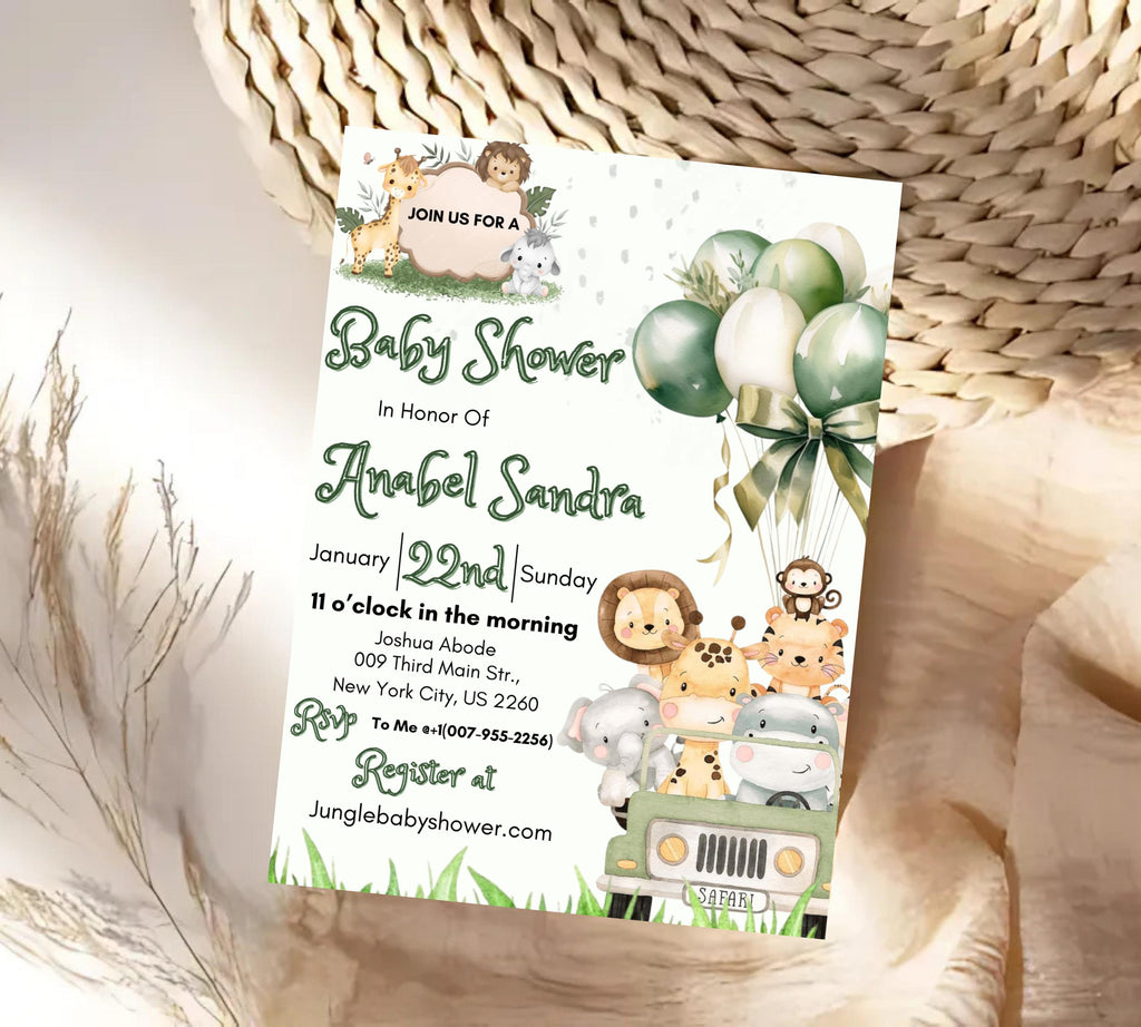 Jungle Baby Shower Invitation, Editable Safari Animals Invite, Gender Neutral Safari Invite Template, Jungle Animals Safari Truck