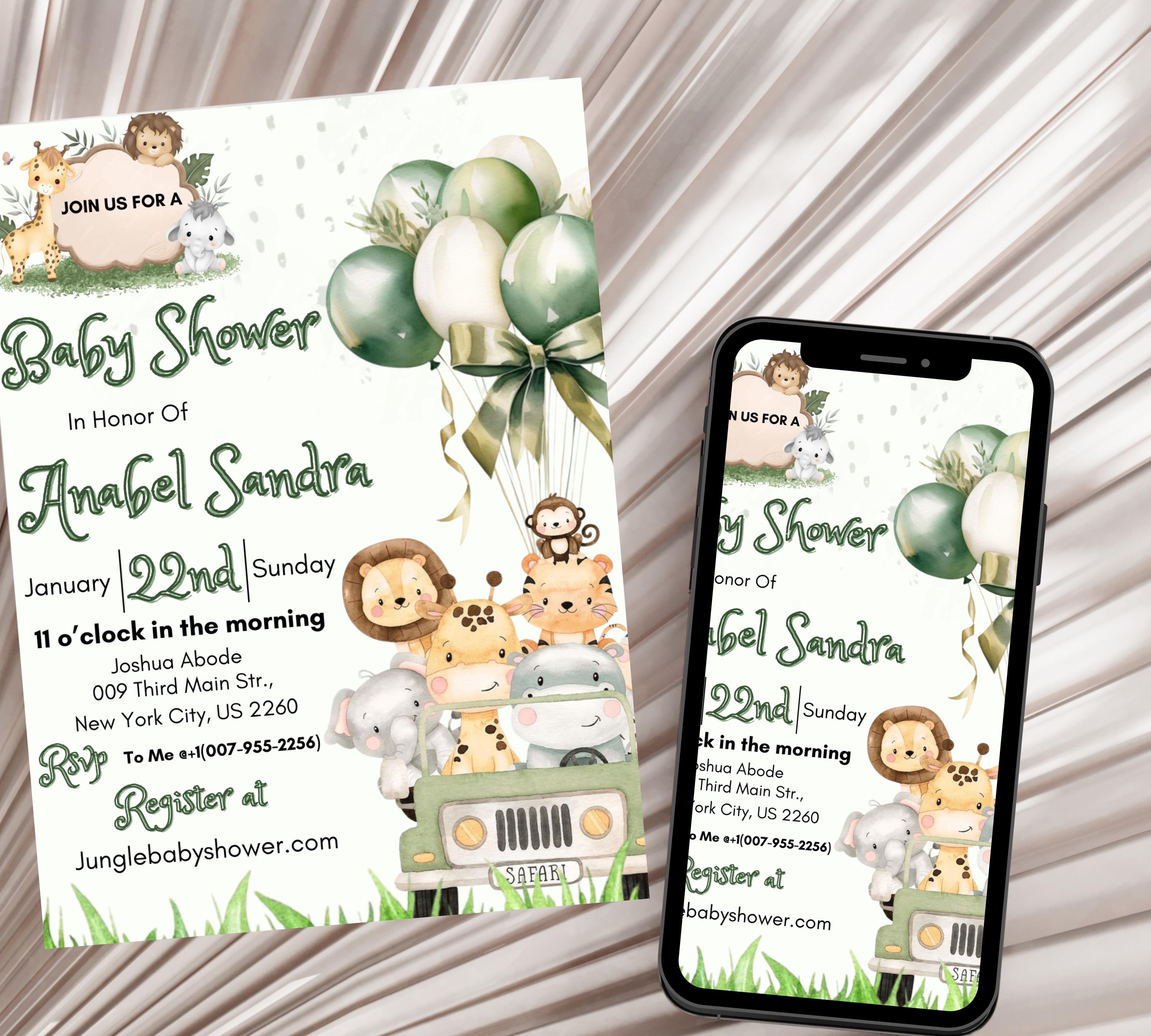 Jungle Baby Shower Invitation, Editable Safari Animals Invite, Gender Neutral Safari Invite Template, Jungle Animals Safari Truck
