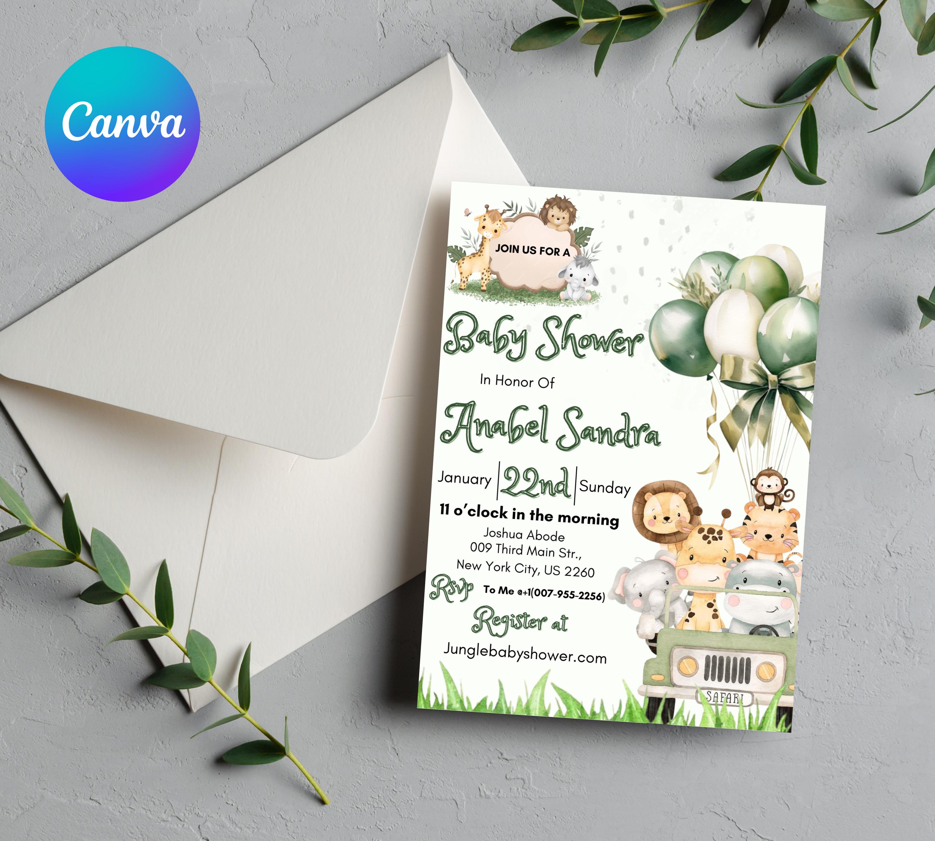 Jungle Baby Shower Invitation, Editable Safari Animals Invite, Gender Neutral Safari Invite Template, Jungle Animals Safari Truck