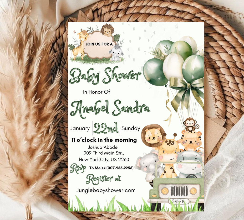 Jungle Baby Shower Invitation, Editable Safari Animals Invite, Gender Neutral Safari Invite Template, Jungle Animals Safari Truck