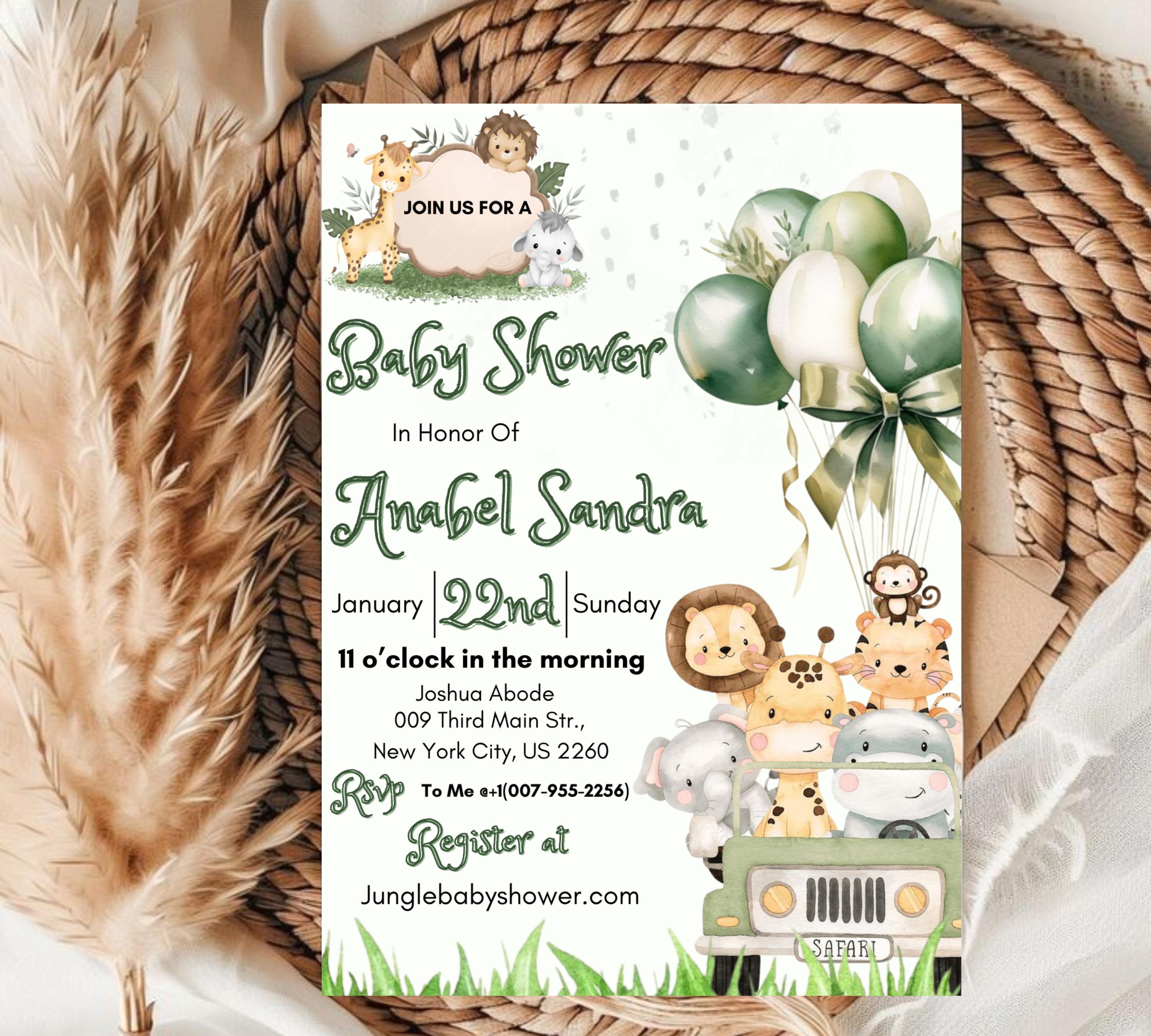Jungle Baby Shower Invitation, Editable Safari Animals Invite, Gender Neutral Safari Invite Template, Jungle Animals Safari Truck