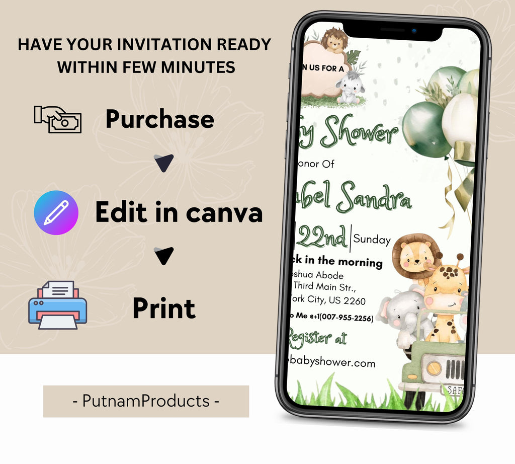 Jungle Baby Shower Invitation, Editable Safari Animals Invite, Gender Neutral Safari Invite Template, Jungle Animals Safari Truck