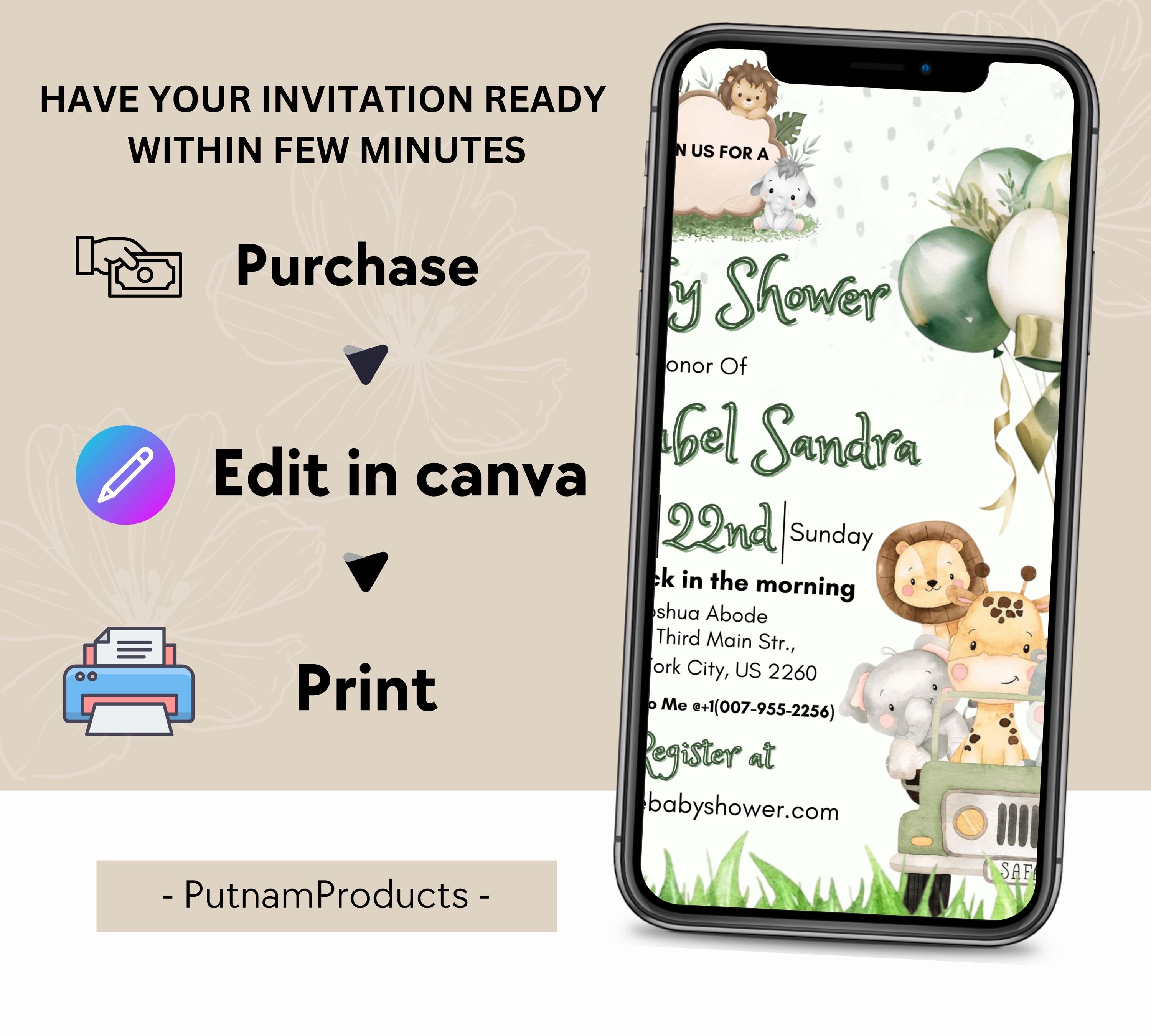 Jungle Baby Shower Invitation, Editable Safari Animals Invite, Gender Neutral Safari Invite Template, Jungle Animals Safari Truck