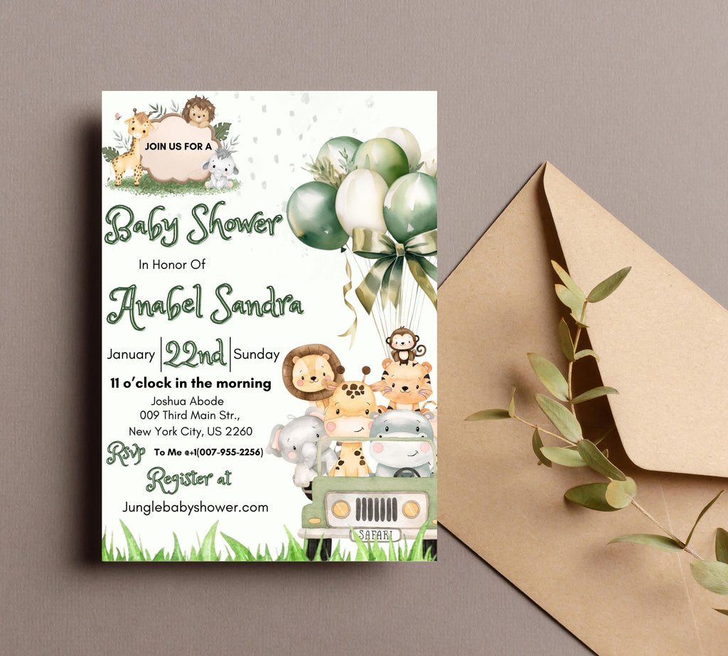 Jungle Baby Shower Invitation, Editable Safari Animals Invite, Gender Neutral Safari Invite Template, Jungle Animals Safari Truck