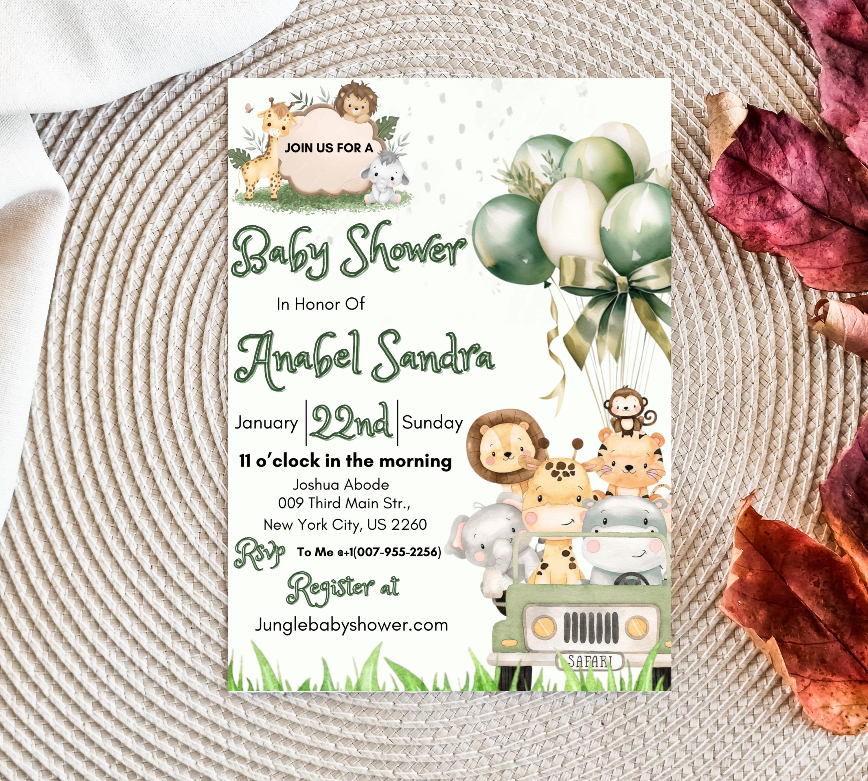 Jungle Baby Shower Invitation, Editable Safari Animals Invite, Gender Neutral Safari Invite Template, Jungle Animals Safari Truck