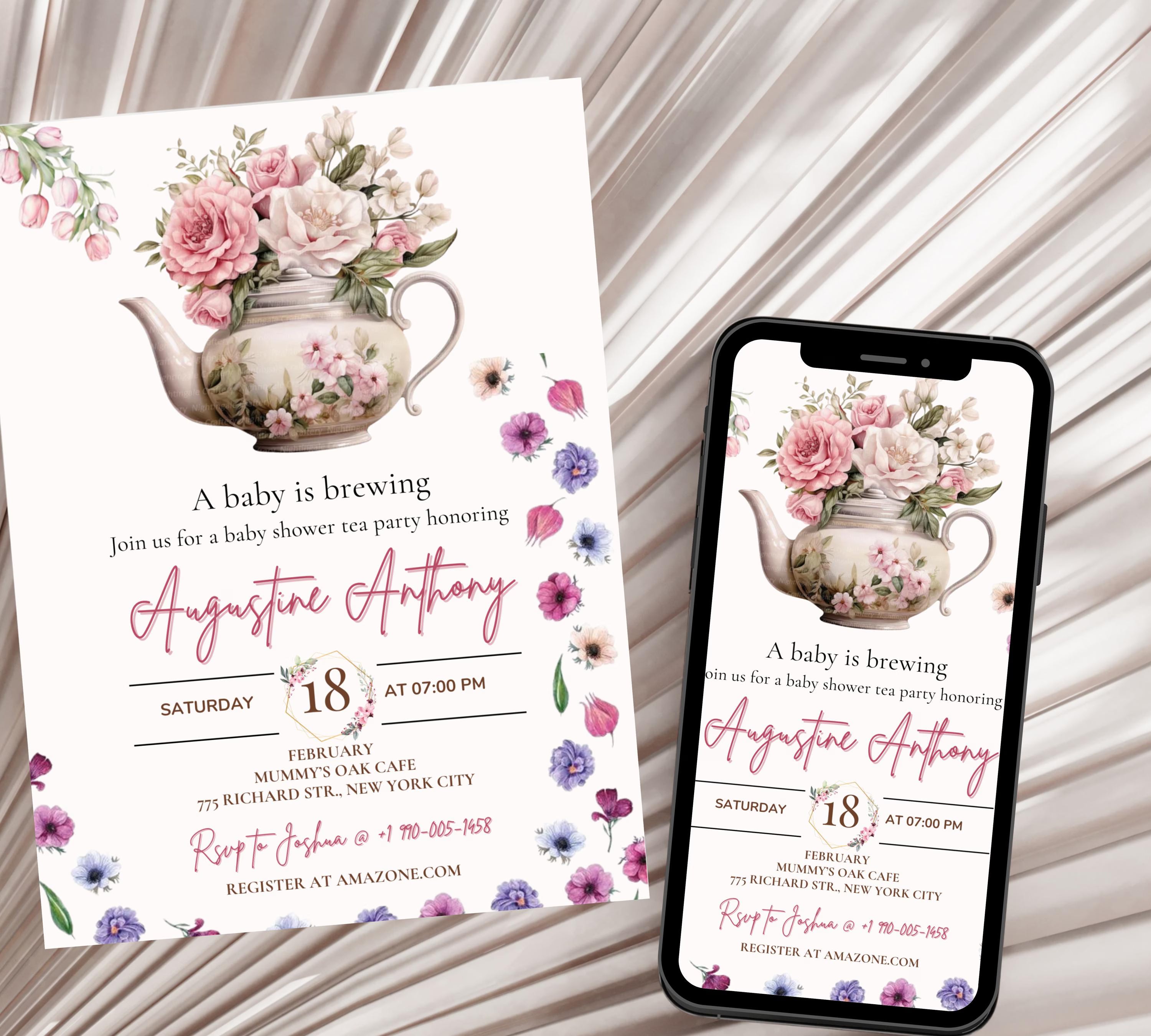 Editable Baby Shower Tea Party invitation, A Baby is Brewing Invitation Template, Wildflower Baby Shower Tea Time, Time for Tea Invite