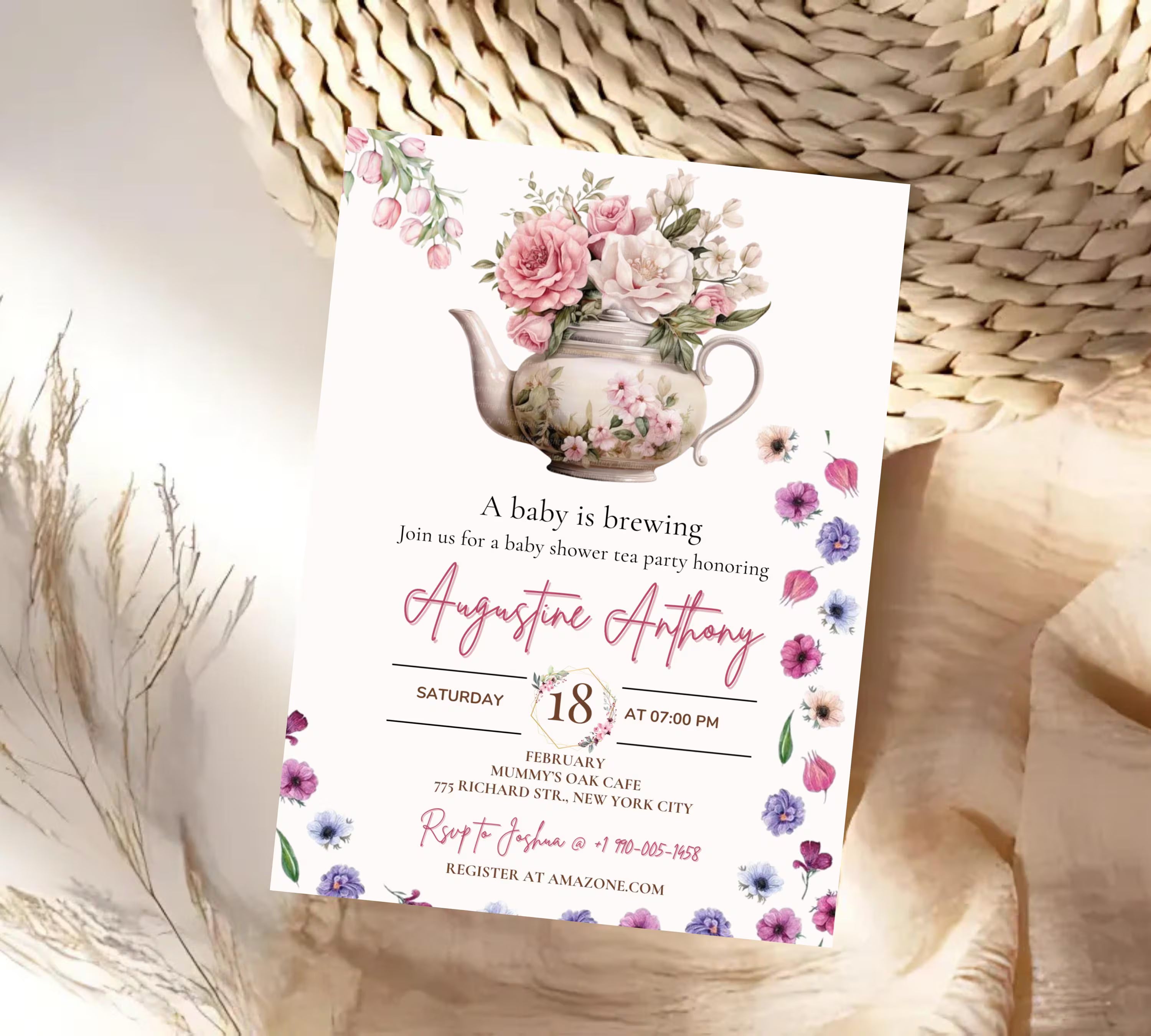 Editable Baby Shower Tea Party invitation, A Baby is Brewing Invitation Template, Wildflower Baby Shower Tea Time, Time for Tea Invite