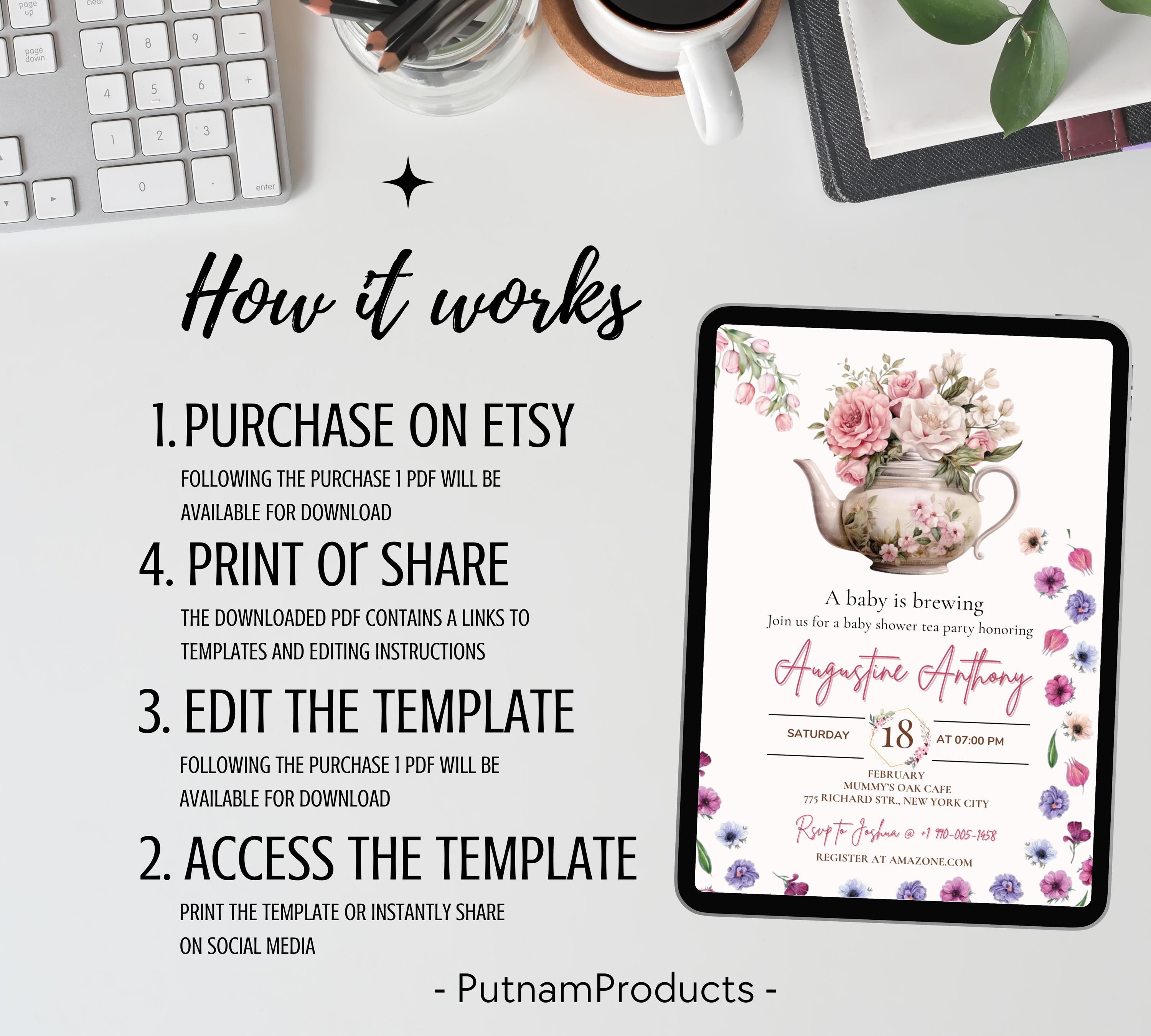 Editable Baby Shower Tea Party invitation, A Baby is Brewing Invitation Template, Wildflower Baby Shower Tea Time, Time for Tea Invite