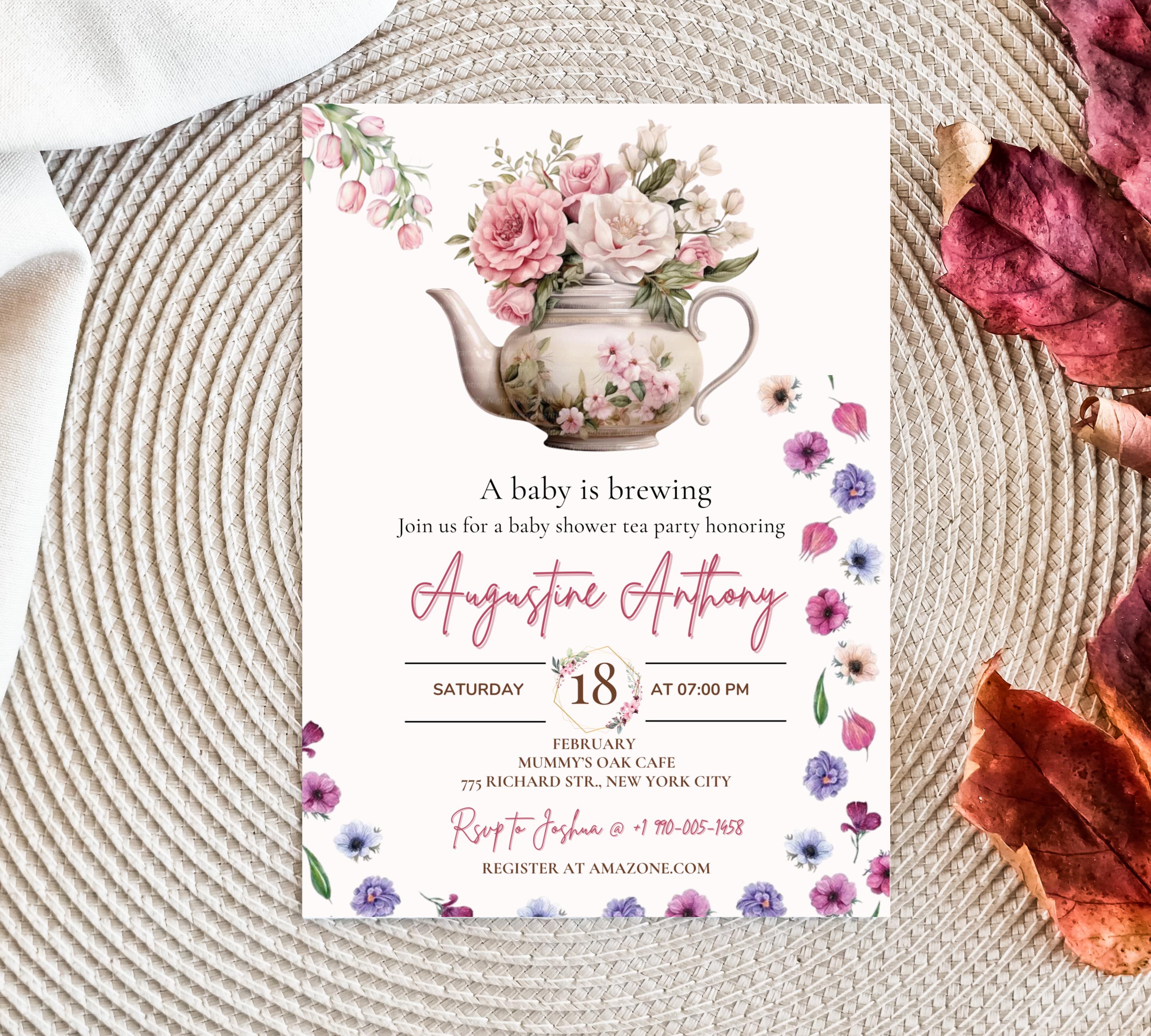 Editable Baby Shower Tea Party invitation, A Baby is Brewing Invitation Template, Wildflower Baby Shower Tea Time, Time for Tea Invite
