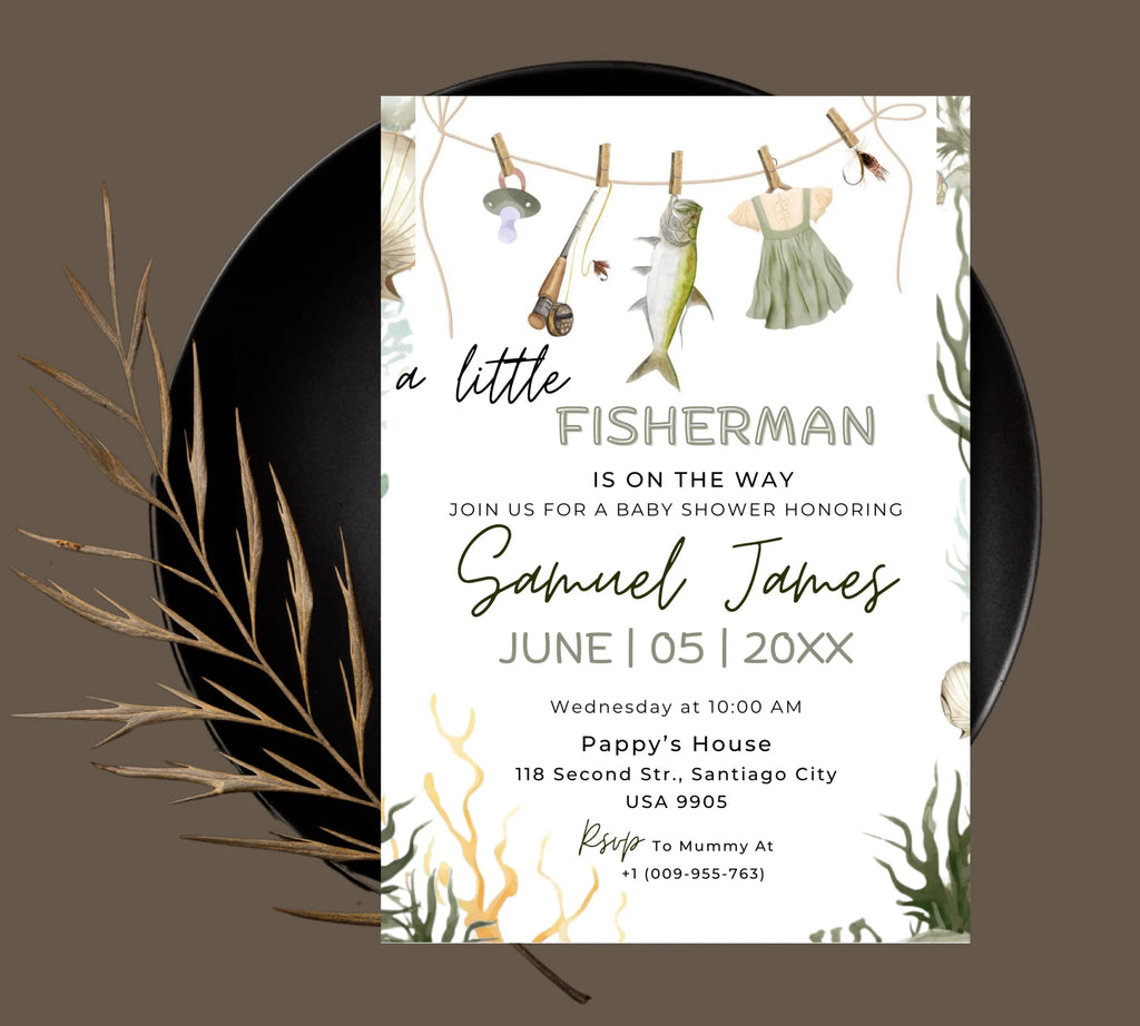 Editable Fishing Baby Shower Invitation, A Little Fisherman is on the way Baby Shower invite, Editable Little Fisherman Boy Baby Shower