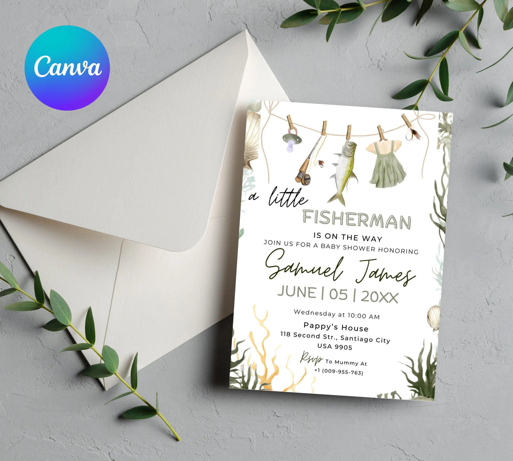 Editable Fishing Baby Shower Invitation, A Little Fisherman is on the way Baby Shower invite, Editable Little Fisherman Boy Baby Shower